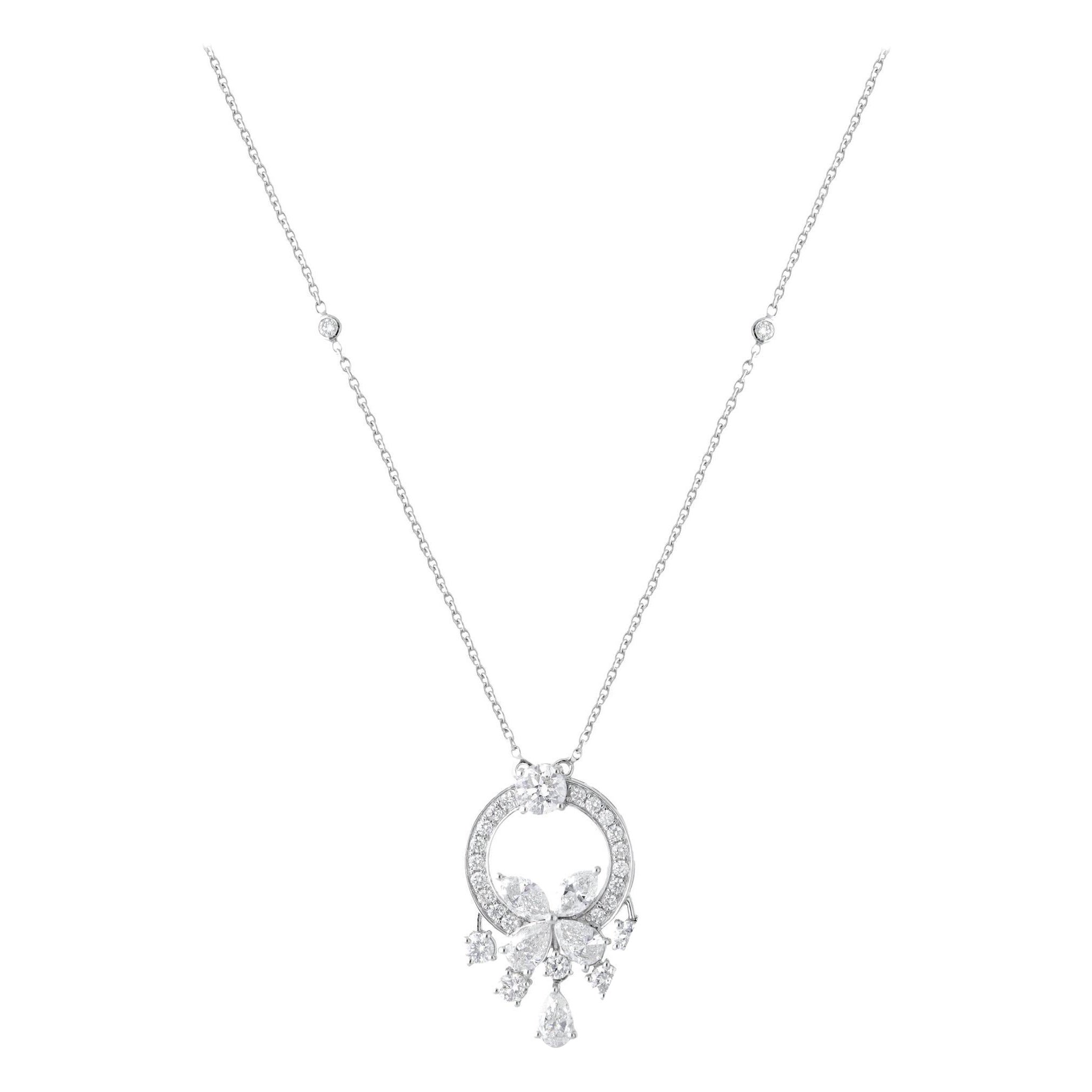 SI/H 2.69Ct Natural Diamond Floral Halo Pendant Necklace in 18K White Gold