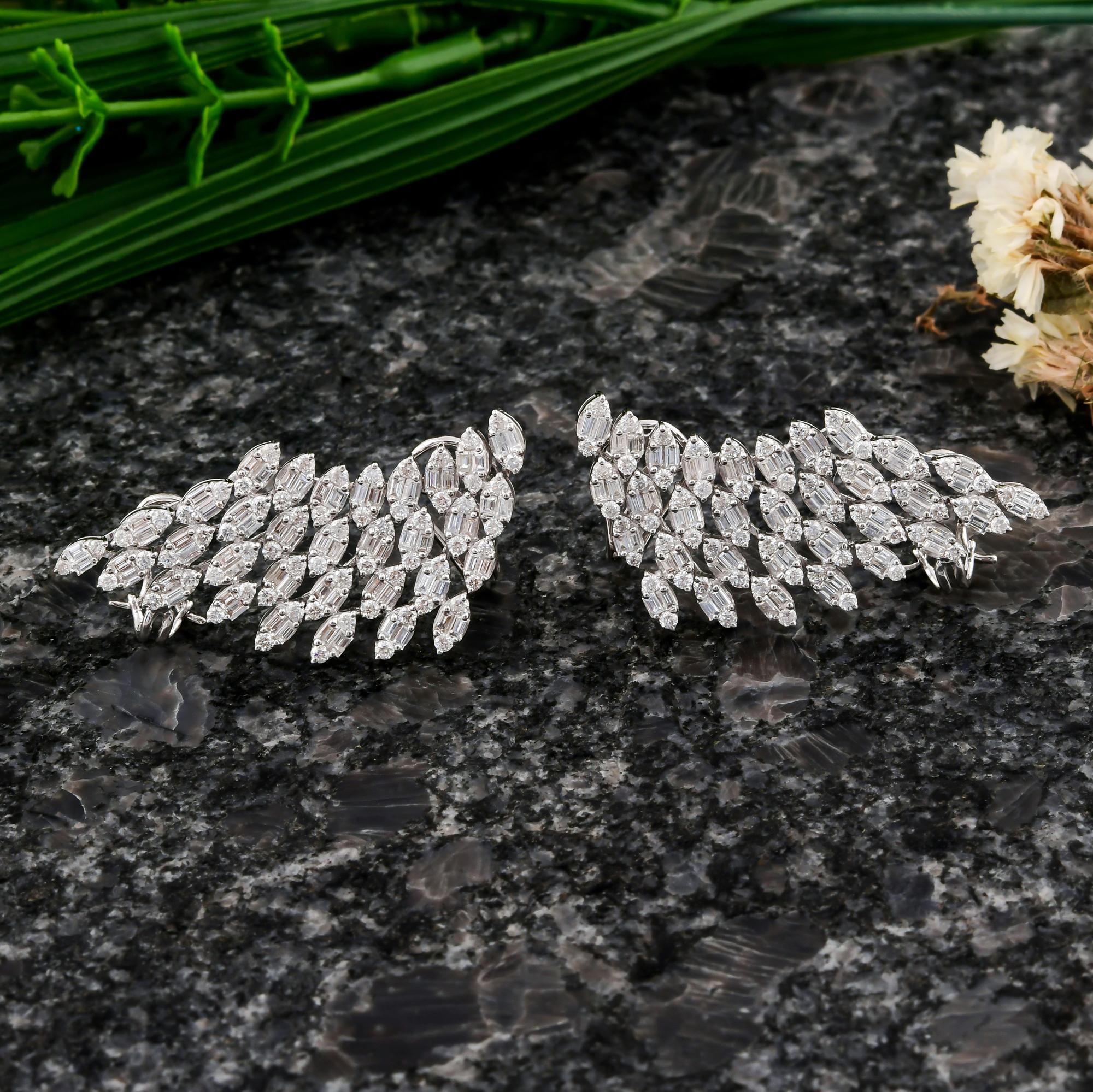 Women's SI/H Baguette Round Brilliant Cut Diamond Angel Wing Earrings 14k White Gold For Sale