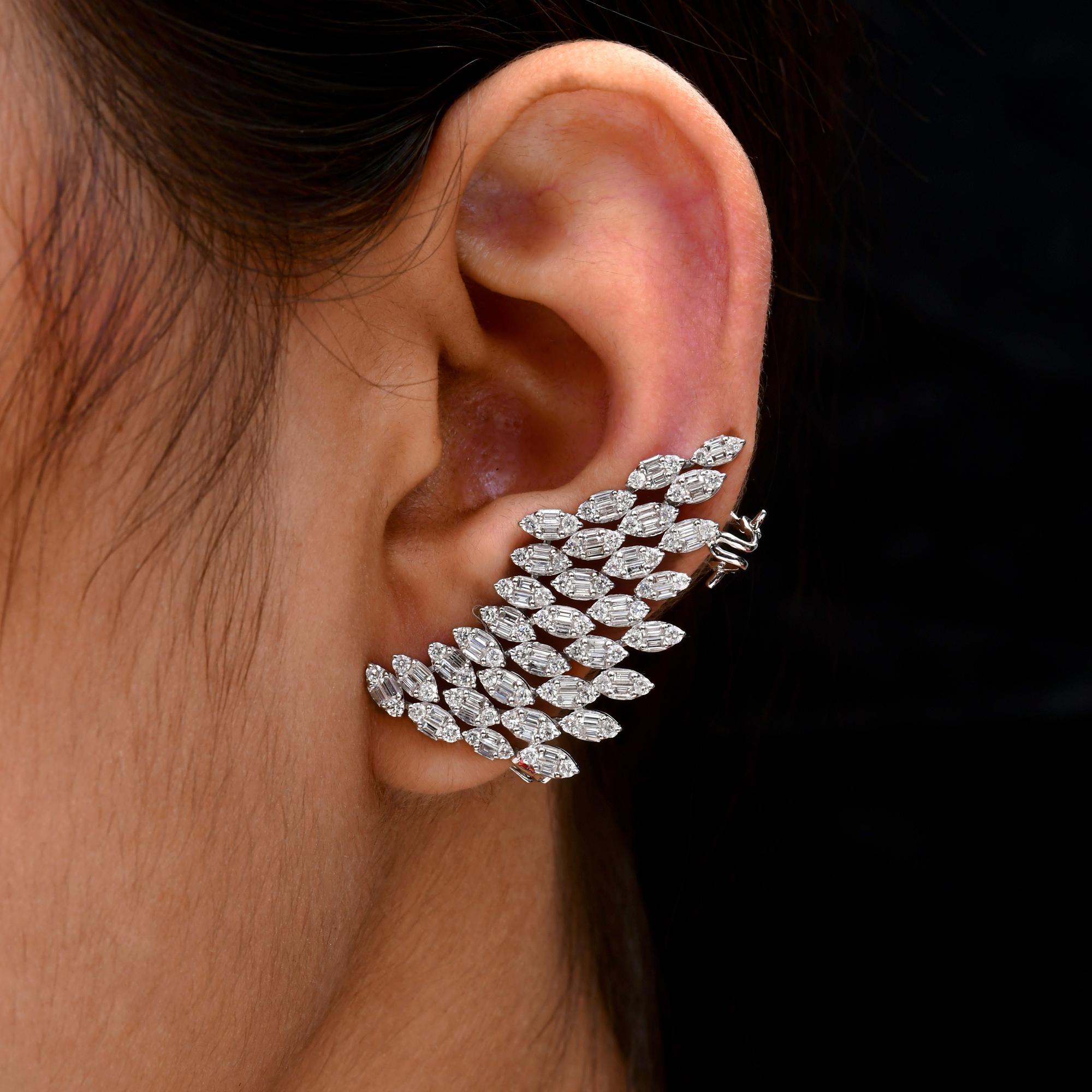Baguette Cut SI/H Baguette Round Brilliant Cut Diamond Angel Wing Earrings 18k White Gold For Sale