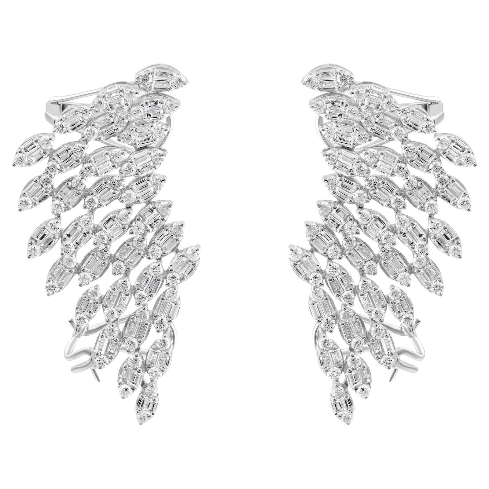 SI/H Baguette Diamante Redondo Talla Brillante Pendientes Ala de Ángel Oro Blanco 18k