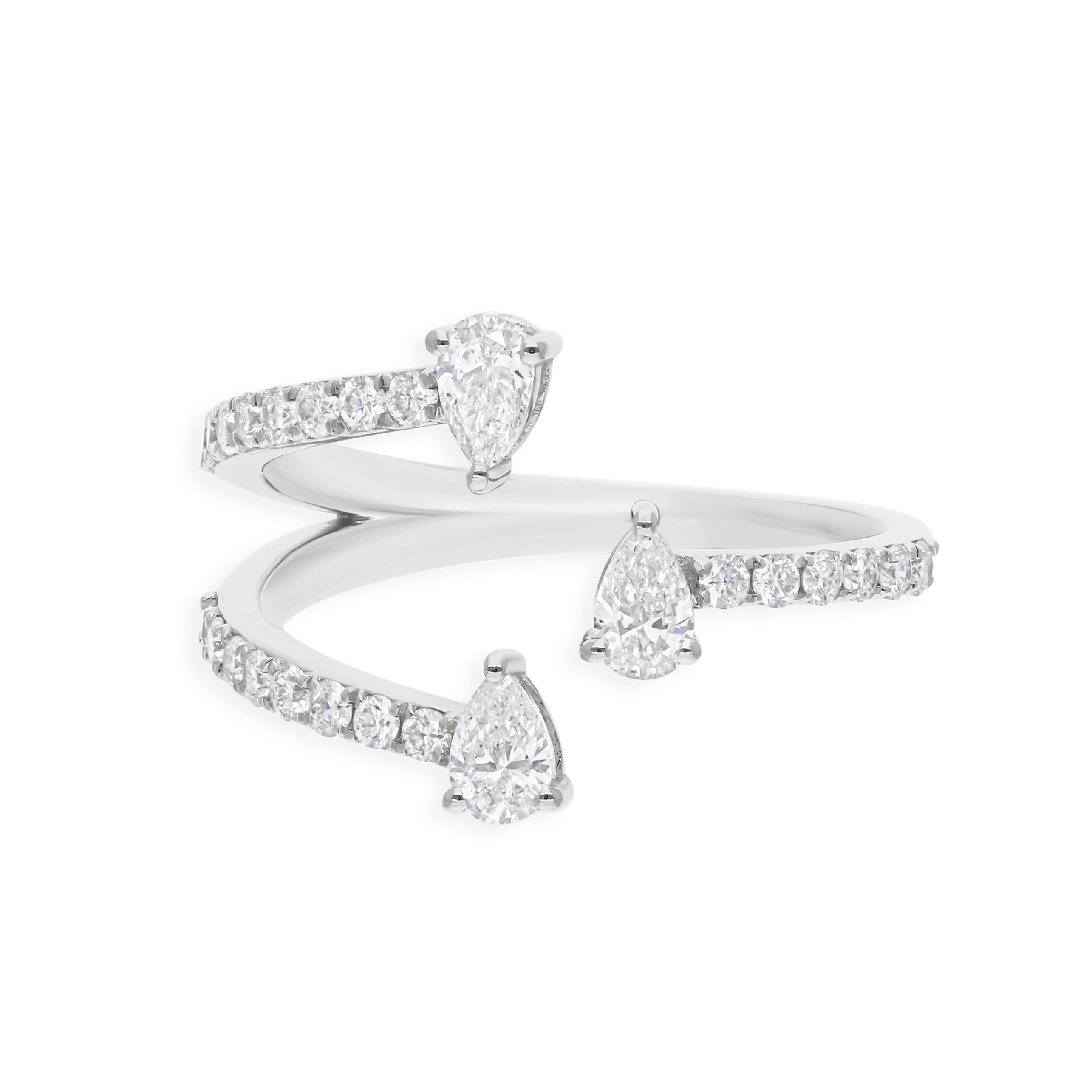 For Sale:  SI/H Certified Three Floating Pear Diamonds Open-Shank Ring 14k White Gold 4