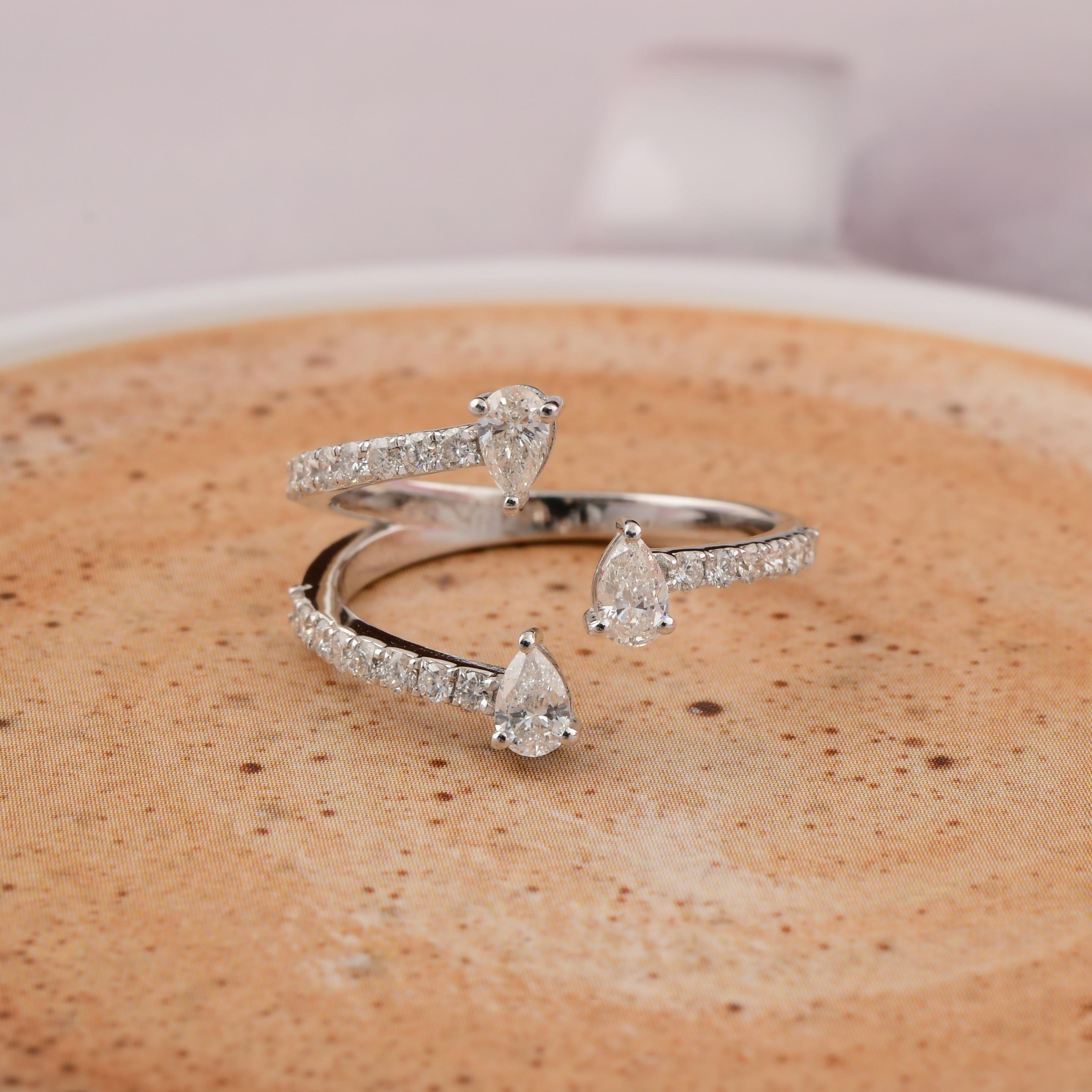 For Sale:  SI/H Certified Three Floating Pear Diamonds Open-Shank Ring 14k White Gold 5