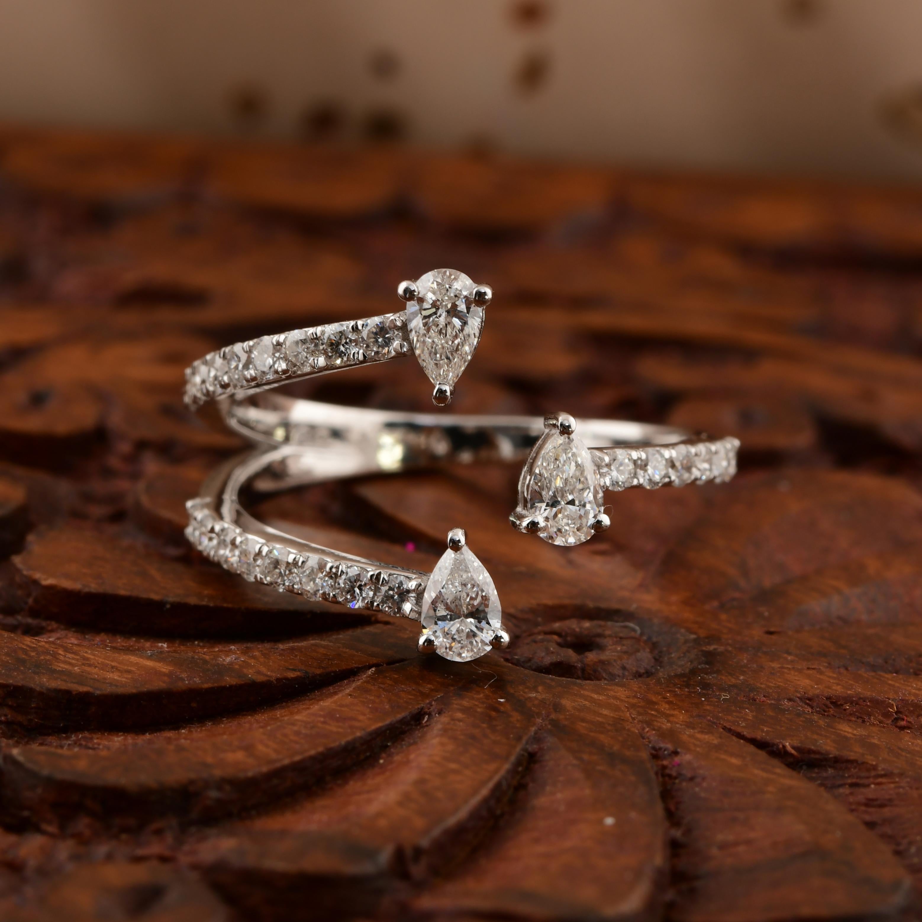 For Sale:  SI/H Certified Three Floating Pear Diamonds Open-Shank Ring 14k White Gold 6