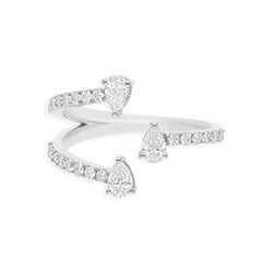 SI/H Certified Three Floating Pear Diamonds Open-Shank Ring 14k White Gold