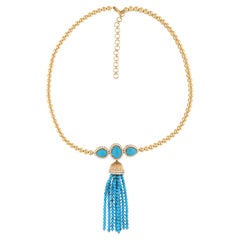 SI/H Diamond Arizona Turquoise Bead Tassel Necklace 18 Karat Yellow Gold