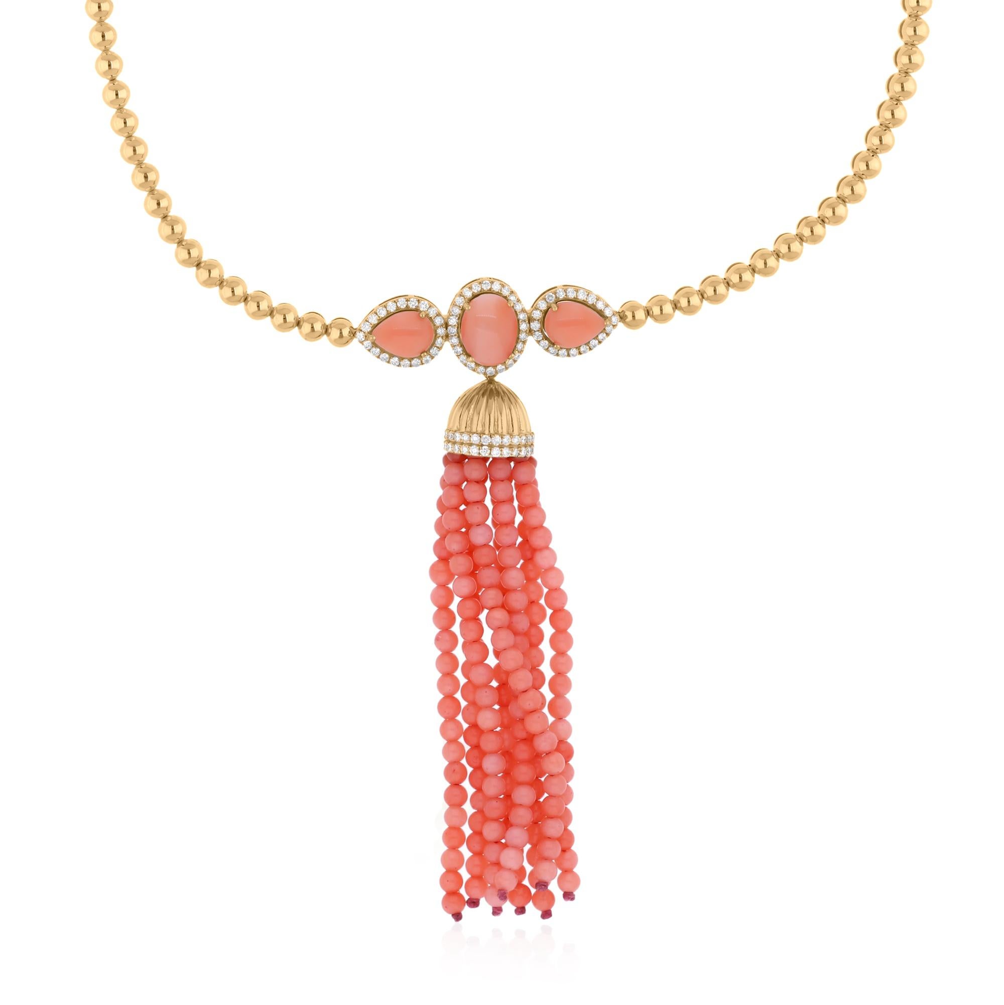 Taglio misto SI/H Diamante Diamante Corallo Gemma Collana con perline e nappe in oro giallo 14 carati in vendita