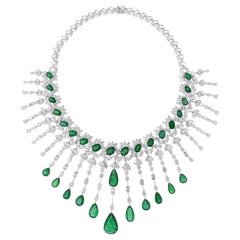 SI/H Diamond Zambian Pear Emerald Statement Choker Necklace 18 Karat White Gold