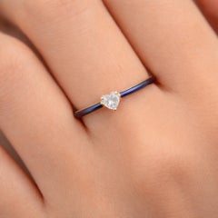 Natural Diamond Heart-Cut Solitaire Blue Enamel 18k Yellow Gold Ring 0.33ct