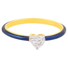 Natural Diamond Heart-Cut Solitaire Blue Enamel 18k Yellow Gold Ring 0.33ct