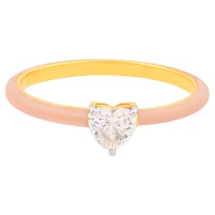 SI/H Heart Diamond Solitaire Pink Enamel Promise Ring 18 Karat Yellow Gold