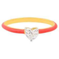 SI/H Heart Diamond Solitaire Red Enamel Promise Ring 18 Karat Yellow Gold