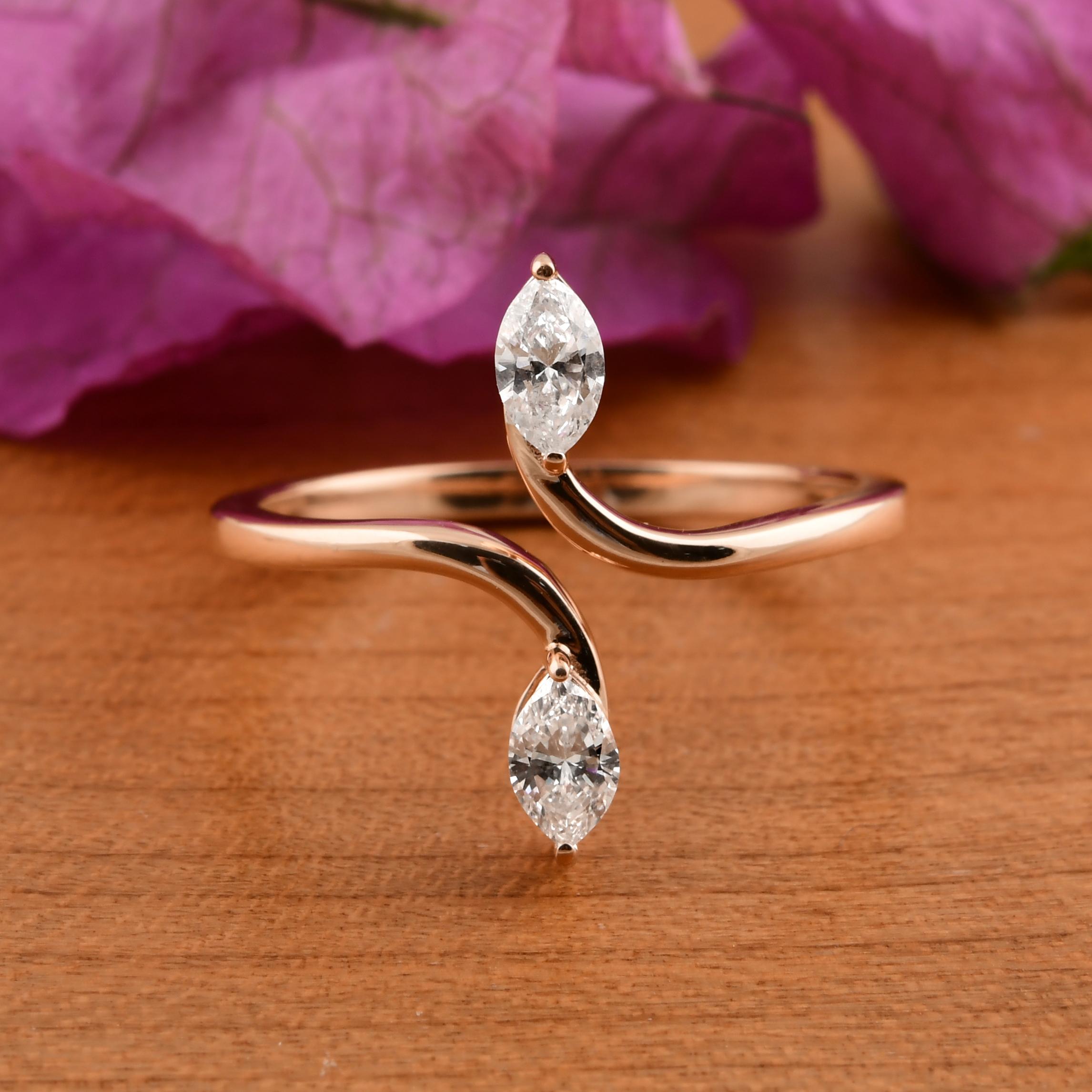 En venta: SI/H Marquise Cut Double Diamond Open Bypass 14k Rose Gold Ring Todos los aranceles pagados  6