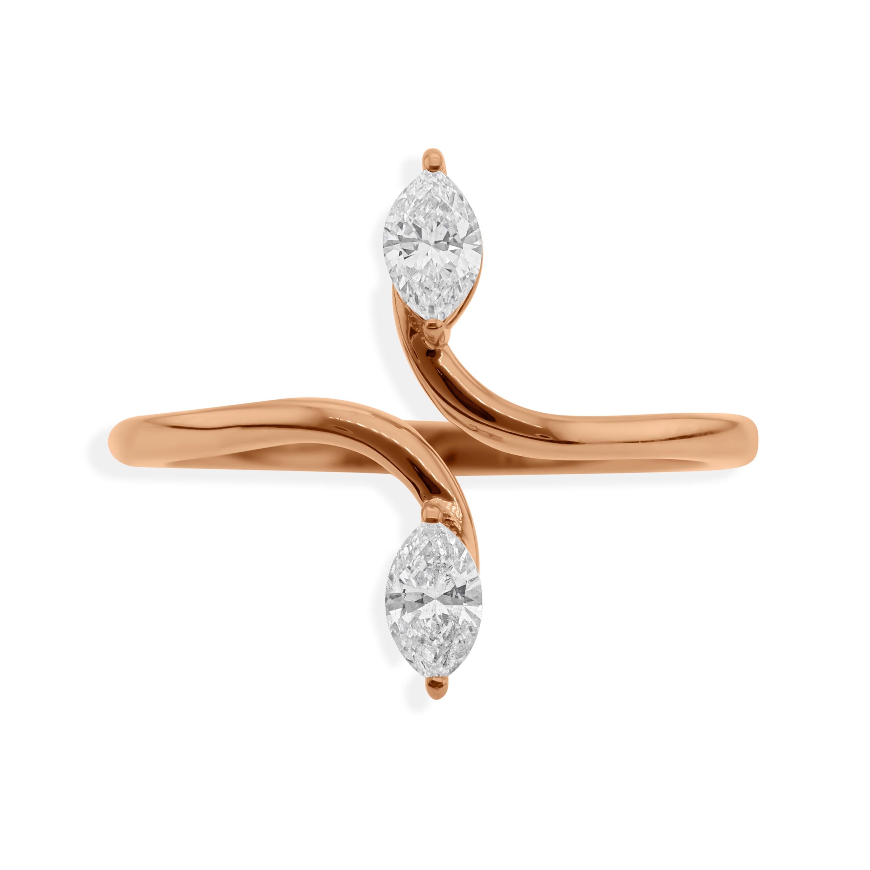 En venta: SI/H Marquise Cut Double Diamond Open Bypass 14k Rose Gold Ring Todos los aranceles pagados
