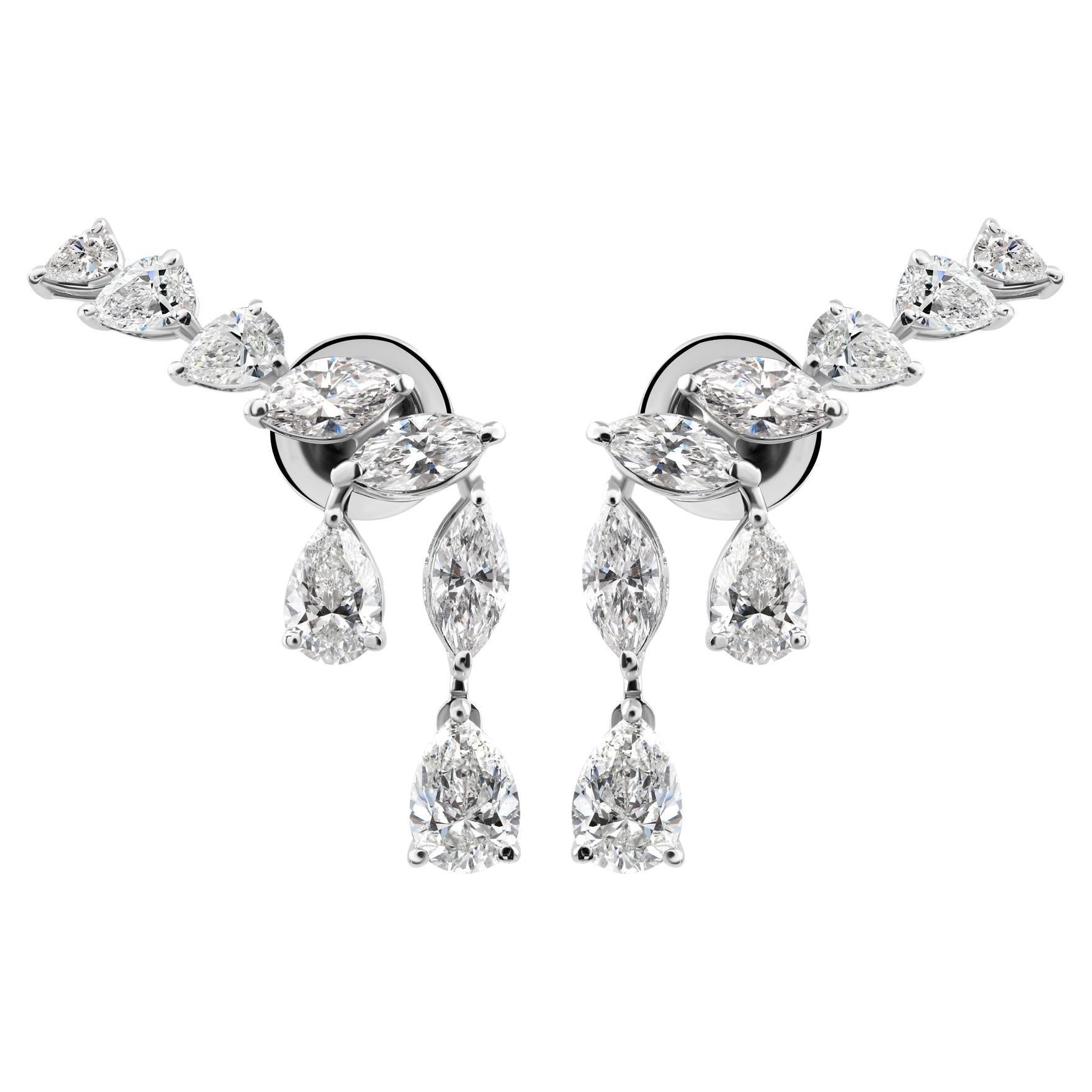SI/H Mixed Cut Diamond Ear Climber Drop Earrings 18 Karat White Gold