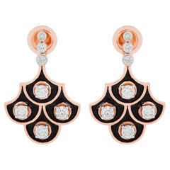 SI/H Natural Diamond 18k Rose Gold Scalloped Black Enamel Drop Earrings