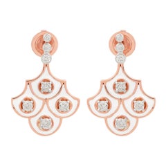 SI/H Natural Diamond 18k Rose Gold Scalloped White Enamel Drop Earrings