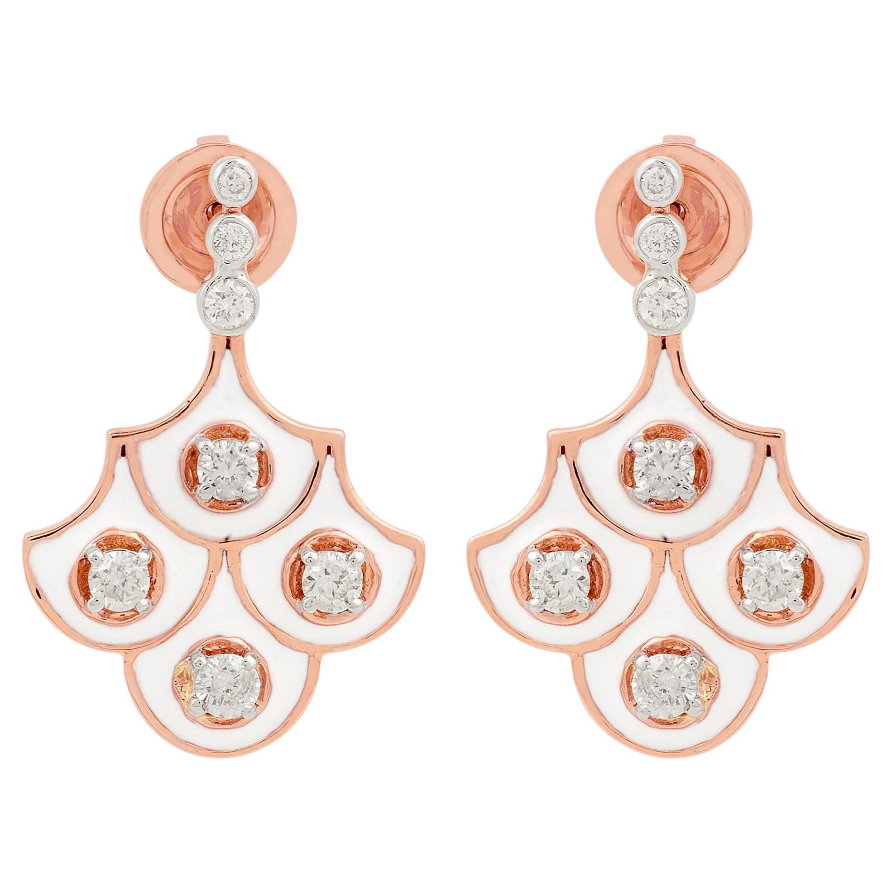 SI/H Natural Diamond 18k Rose Gold Scalloped White Enamel Drop Earrings