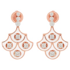 SI/H Natural Diamond 18k Rose Gold Scalloped White Enamel Drop Earrings