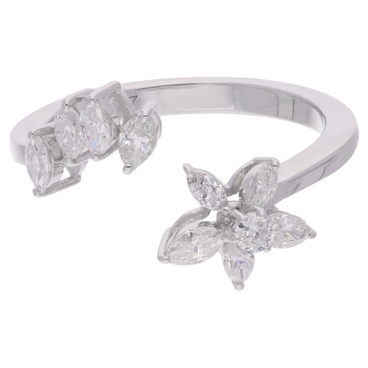 SI/H Natural Diamond Floral Cuff Ring 18 Karat White Gold For Sale