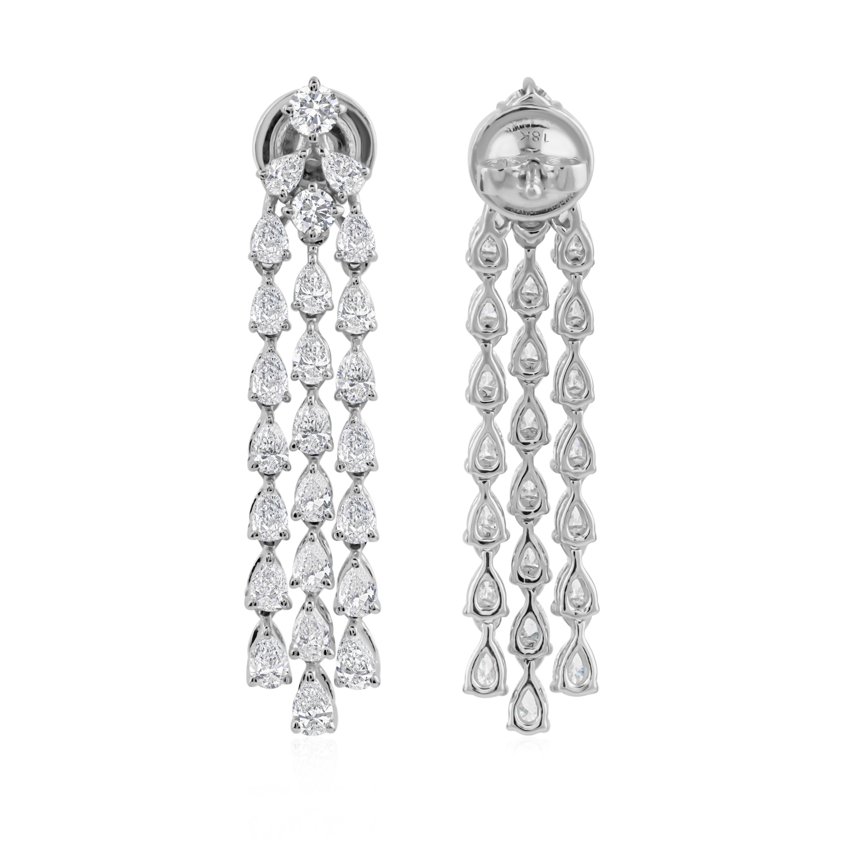 Modern SI/H Real Diamond Triple Line Dangle Earrings 18k Solid White Gold Fine Jewelry For Sale