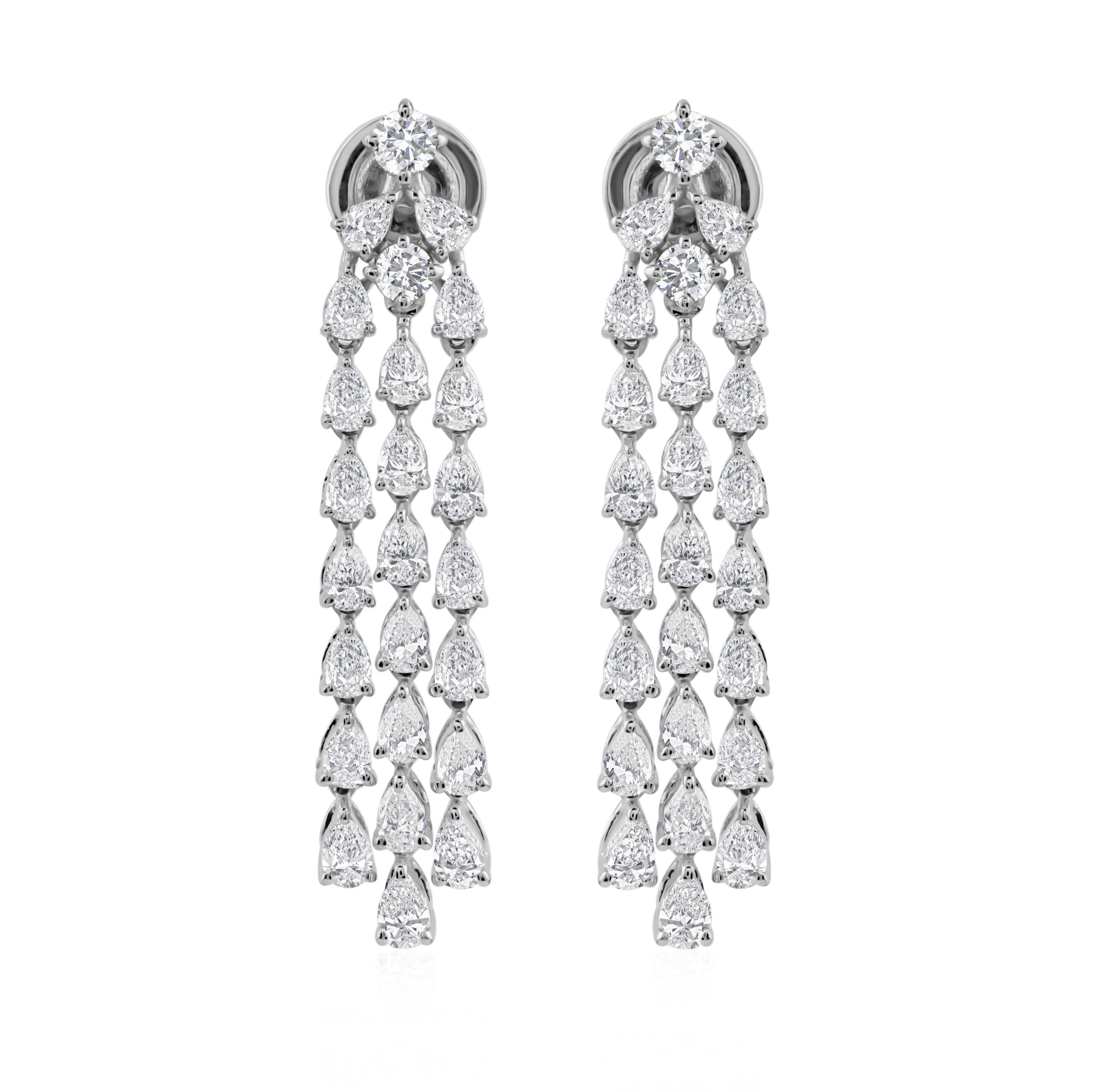 Pear Cut SI/H Real Diamond Triple Line Dangle Earrings 18k Solid White Gold Fine Jewelry For Sale
