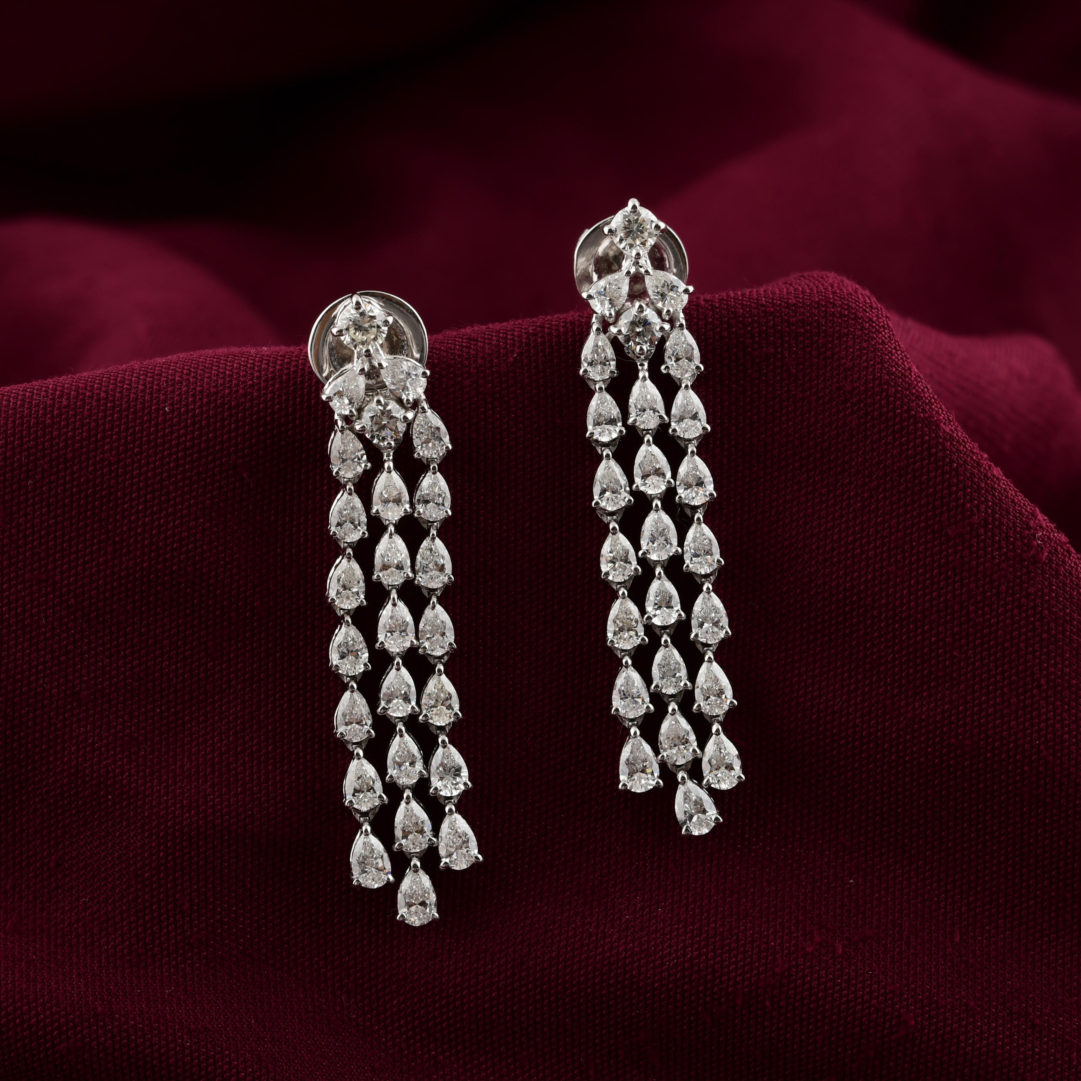 SI/H Real Diamond Triple Line Dangle Earrings 18k Solid White Gold Fine Jewelry In New Condition For Sale In Diera, Dubai