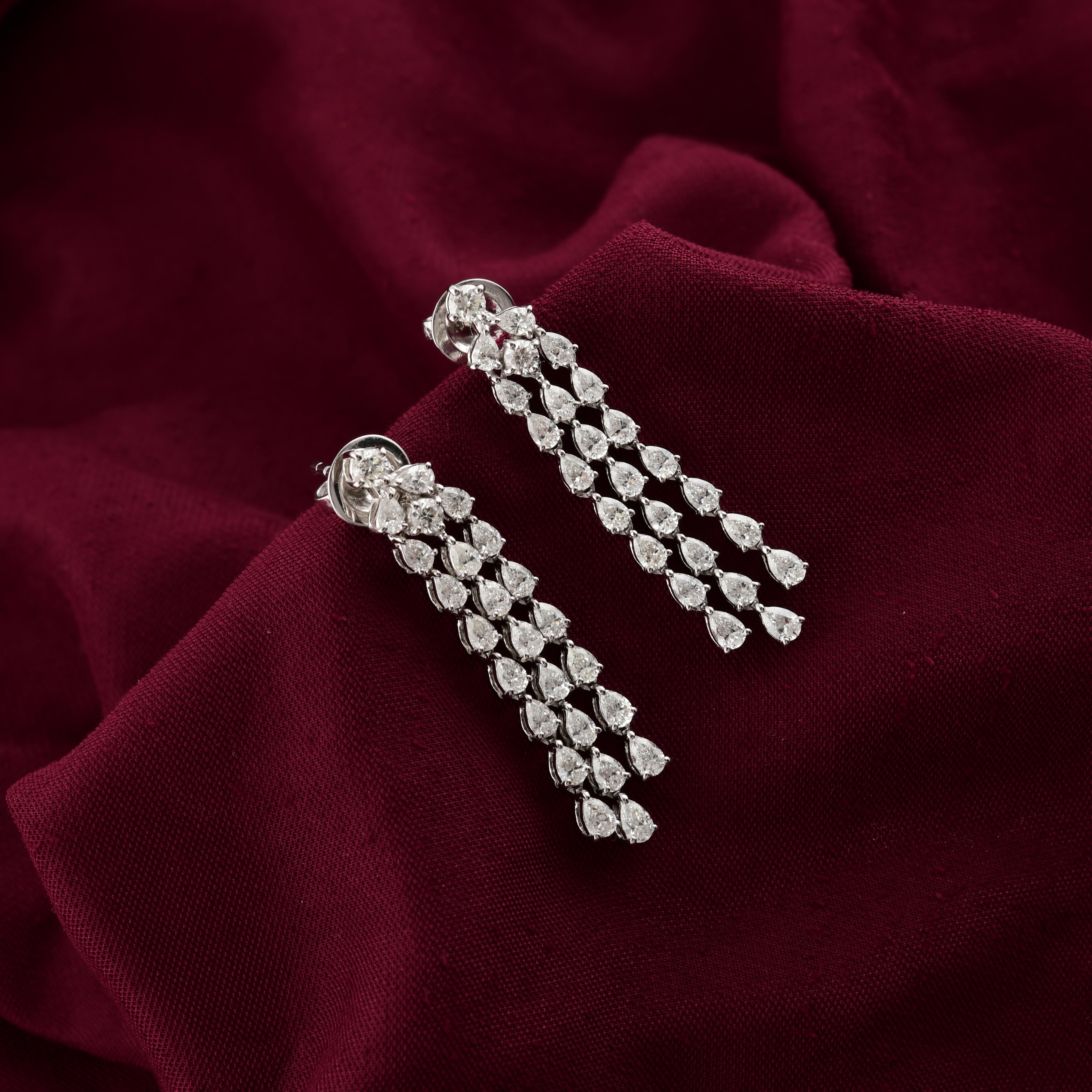 Women's SI/H Real Diamond Triple Line Dangle Earrings 18k Solid White Gold Fine Jewelry For Sale