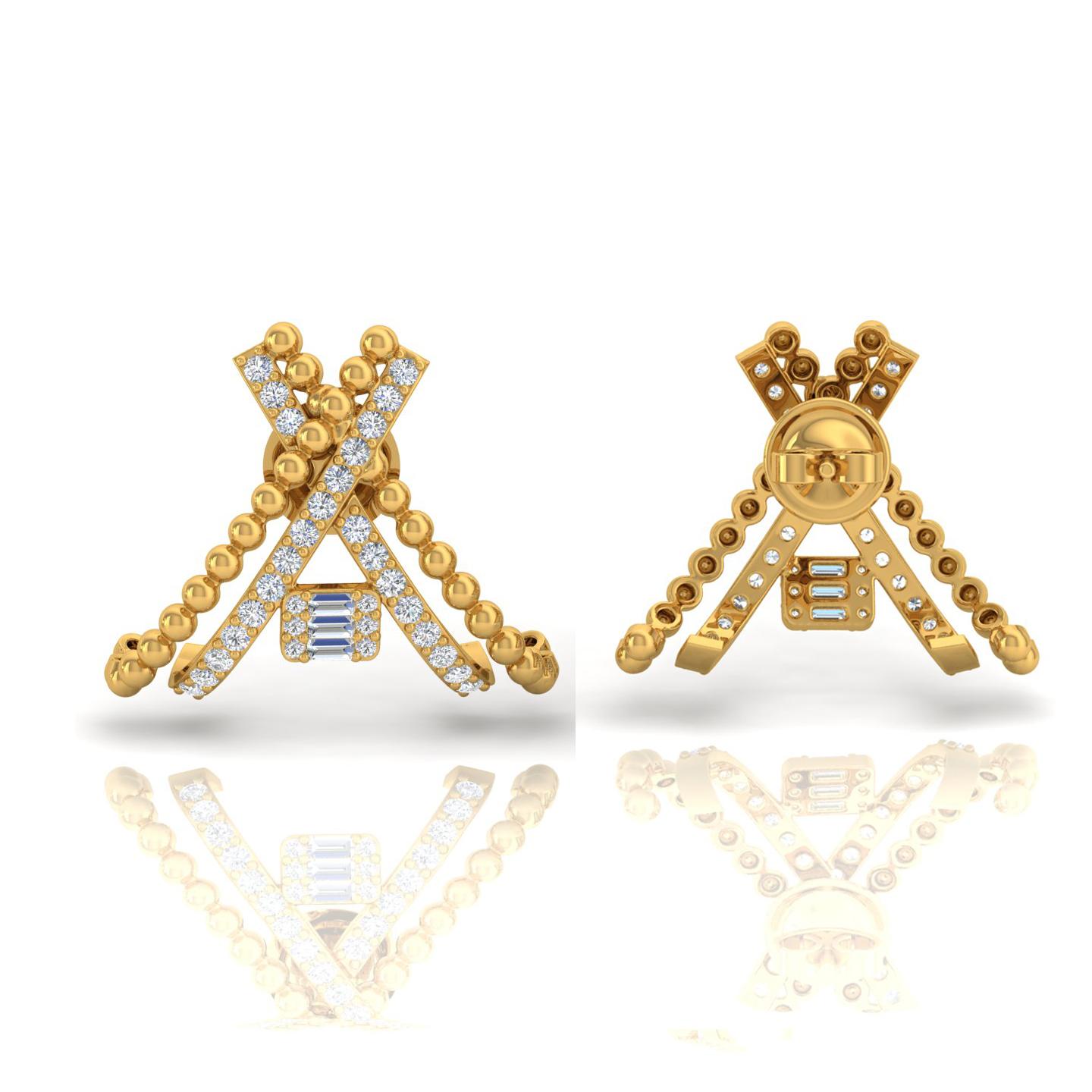 SI/HI Baguette-Diamant-Kreuz-Ohrringe mit halber Creolen aus 18 Karat Gelbgold (Baguetteschliff) im Angebot