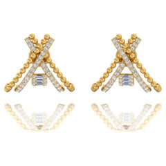 SI/HI Baguette Diamond Cross Design Half Hoop Earrings 18 Kt Yellow Gold Jewelry