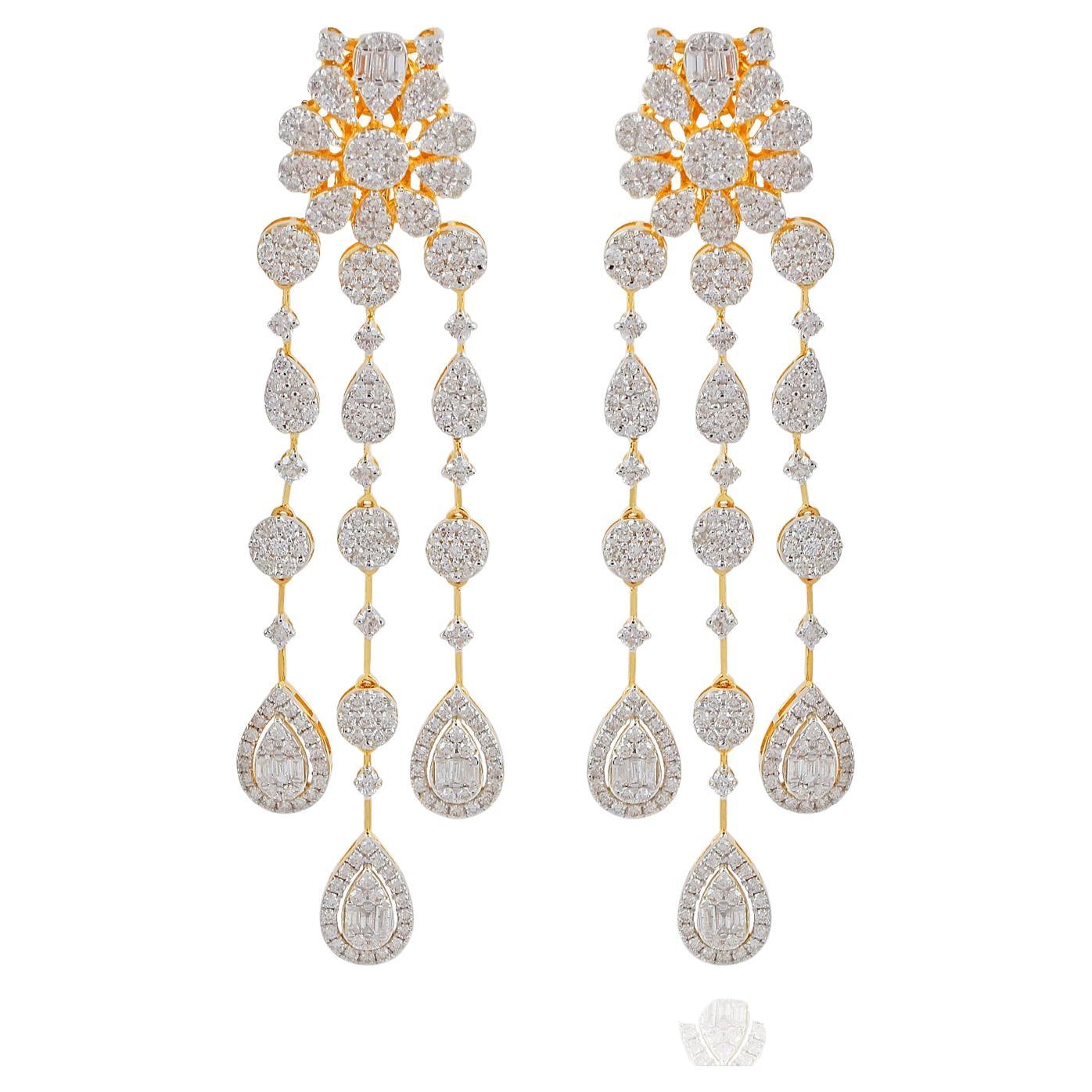 Boucles d'oreilles chandelier en or jaune 18 carats avec diamant baguette et diamant rond SI/HI