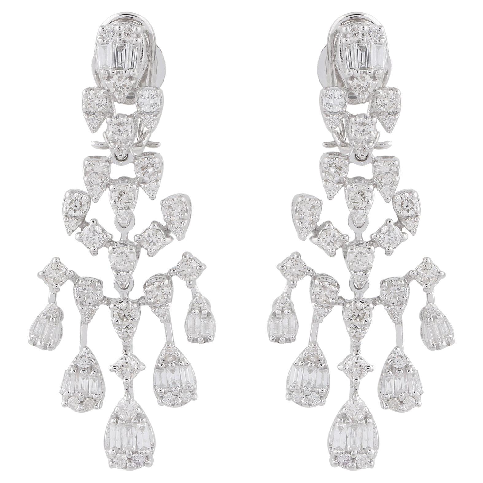 SI/HI Baguette Round Diamond Chandelier Earrings 18 Karat White Gold Jewelry