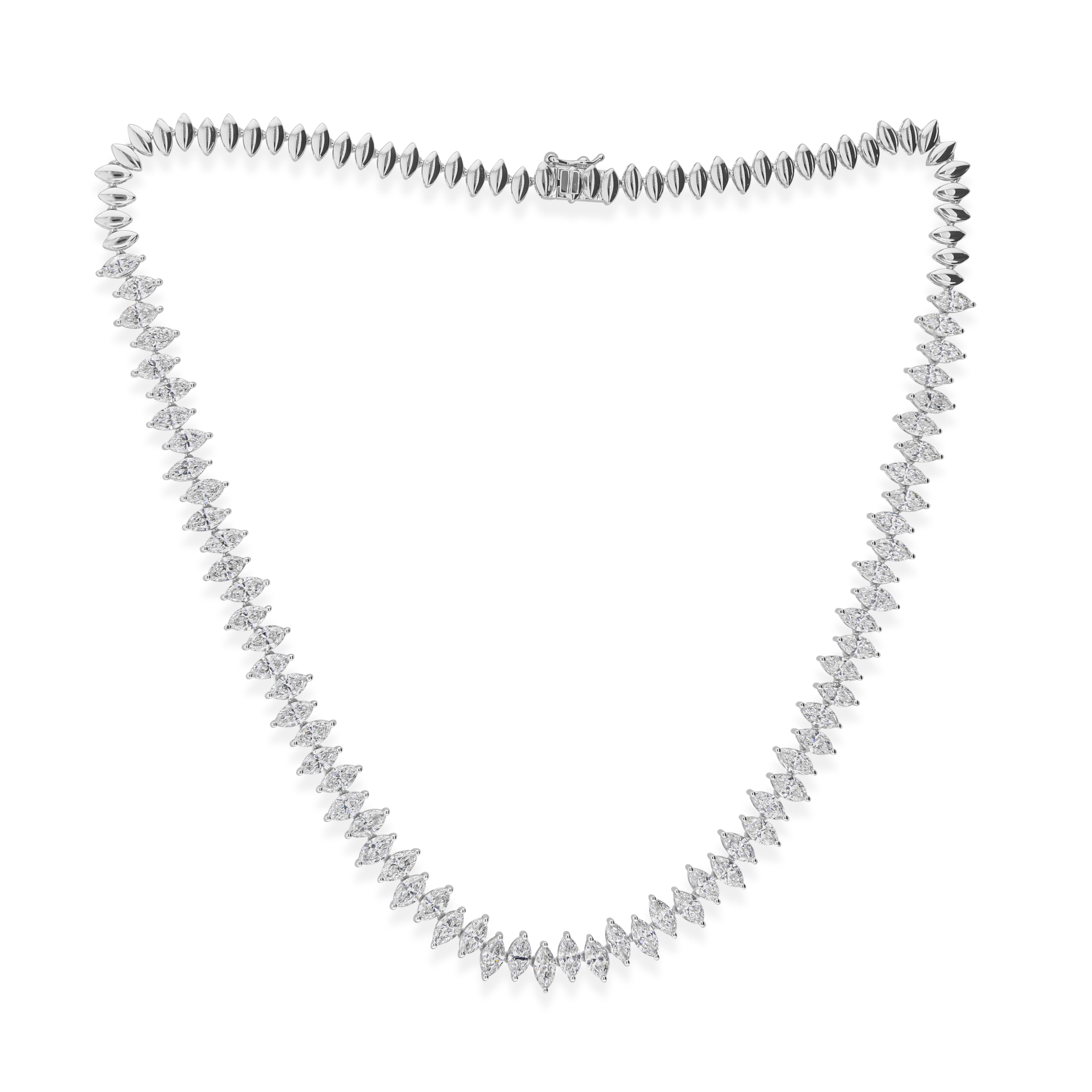 SI/HI Certificado Collar de Tenis con Diamantes de Corte Marquesa de 16,3 Quilates y Oro Blanco de 14k Art Nouveau en venta