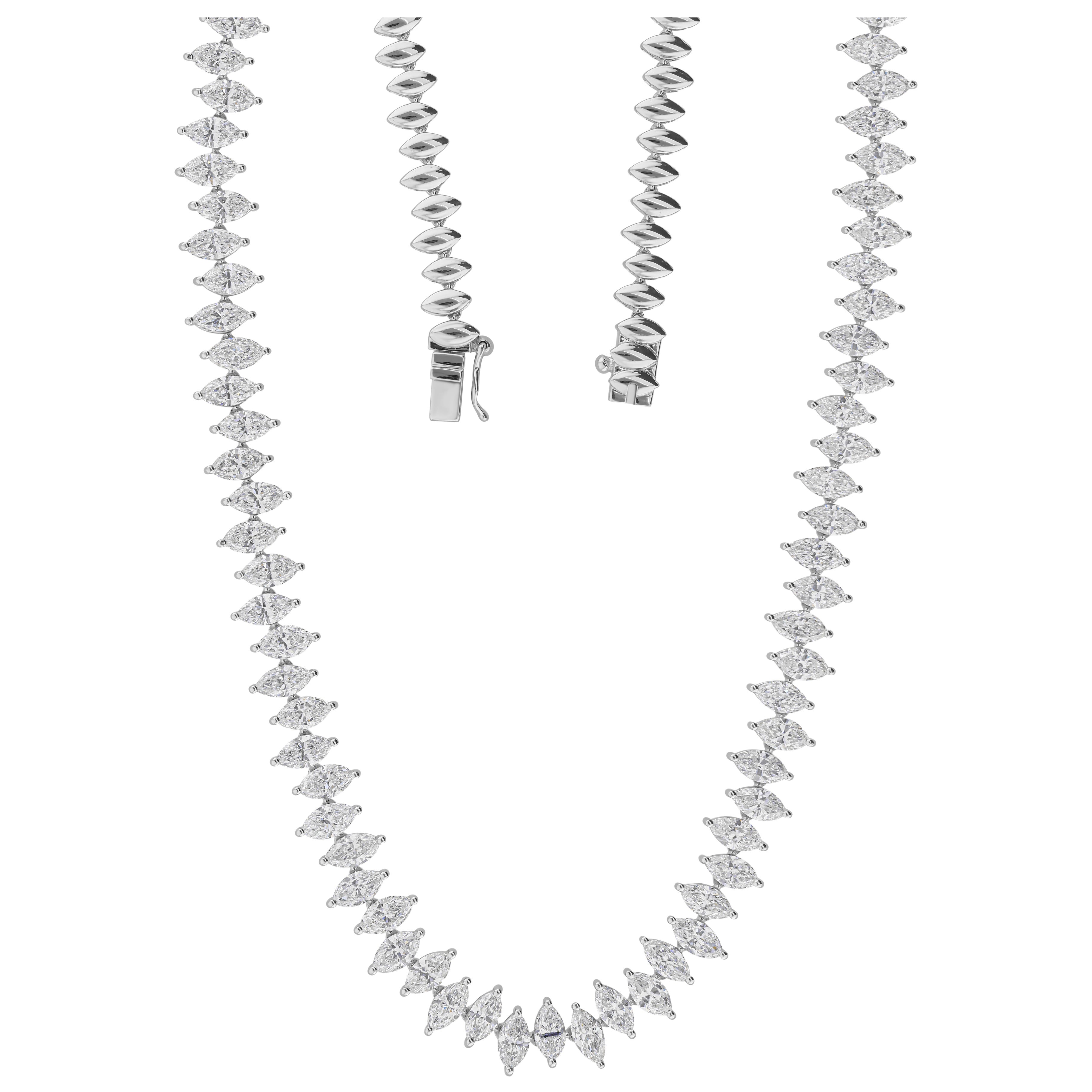 SI/HI Certificado Collar de Tenis con Diamantes de Corte Marquesa de 16,3 Quilates y Oro Blanco de 14k en venta