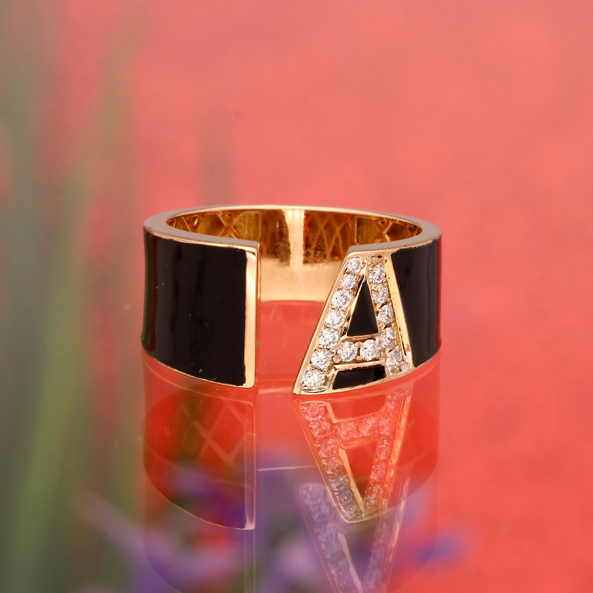 For Sale:  Natural Diamond Blue Enamel Initial A Cuff Ring 18 Karat Rose Gold Fine Jewelry 4