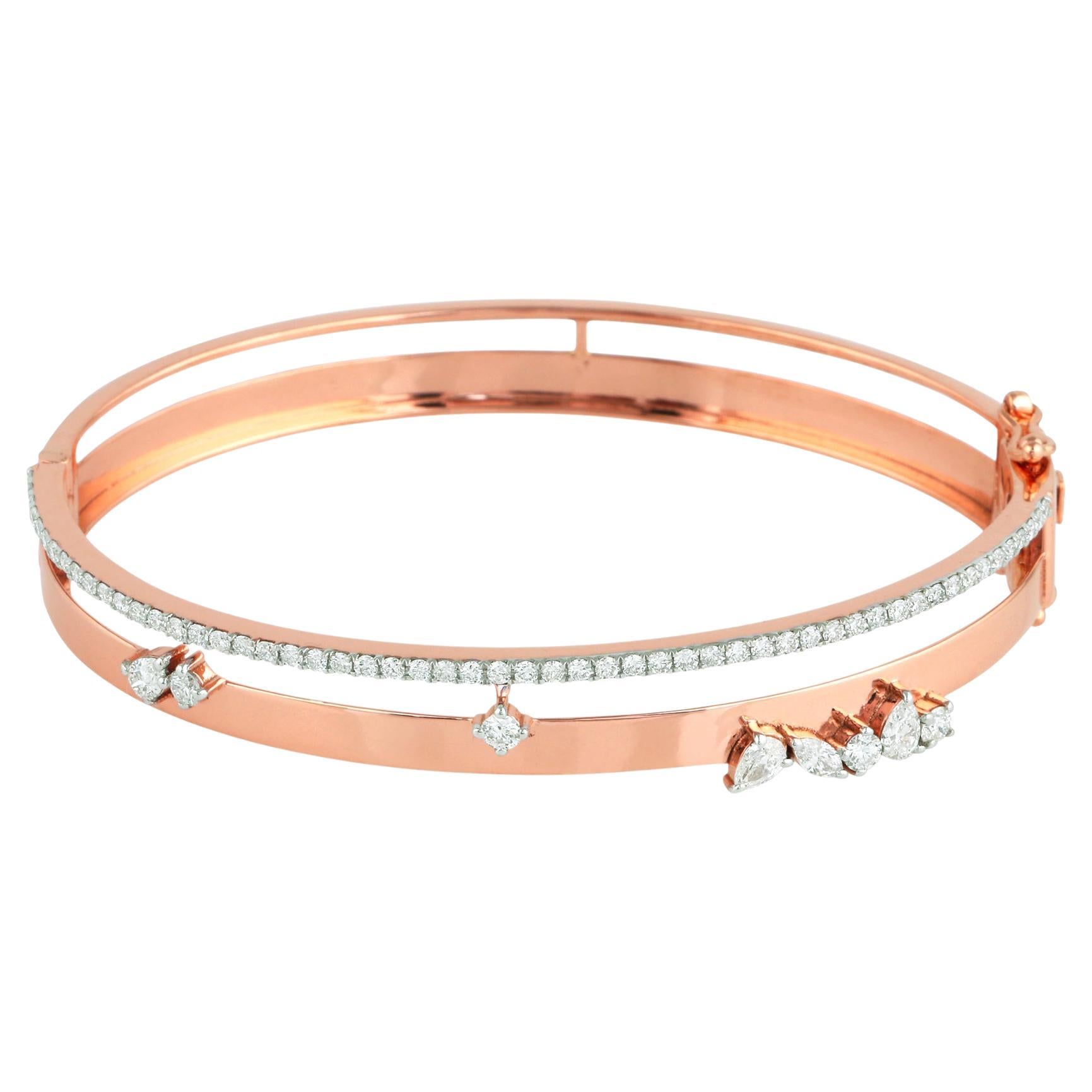 Bracelet jonc en or rose 18 carats avec diamants ronds taille poire marquise SI/HI
