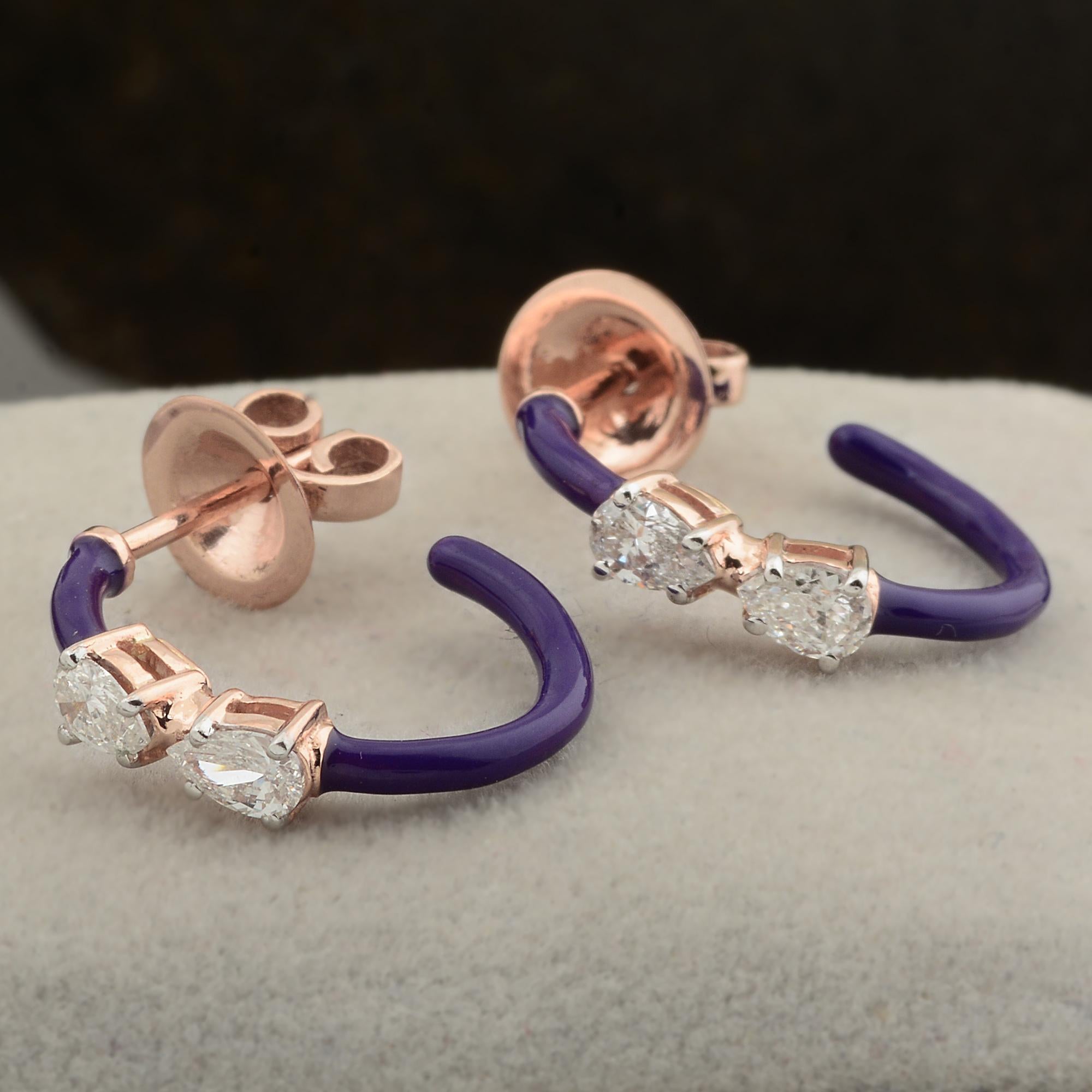 Modern SI/HI Pear Shape Diamond Purple Enamel Hoop Earrings 18 Karat Rose Gold Jewelry For Sale