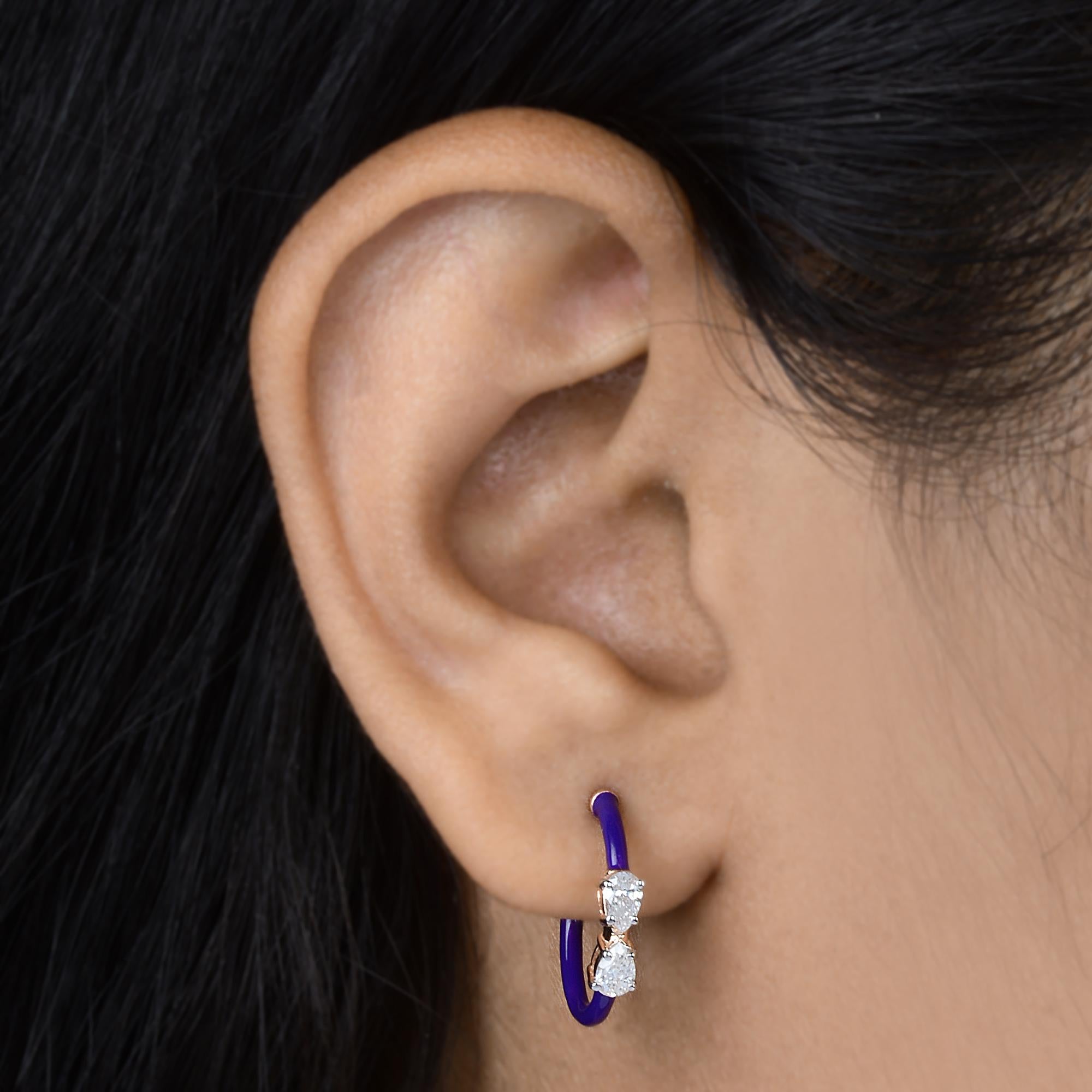 Pear Cut SI/HI Pear Shape Diamond Purple Enamel Hoop Earrings 18 Karat Rose Gold Jewelry For Sale