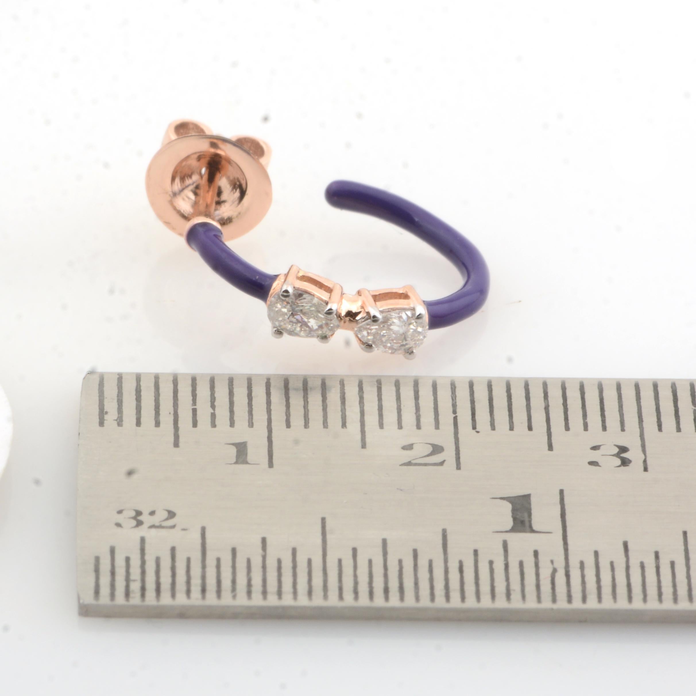 Women's SI/HI Pear Shape Diamond Purple Enamel Hoop Earrings 18 Karat Rose Gold Jewelry For Sale