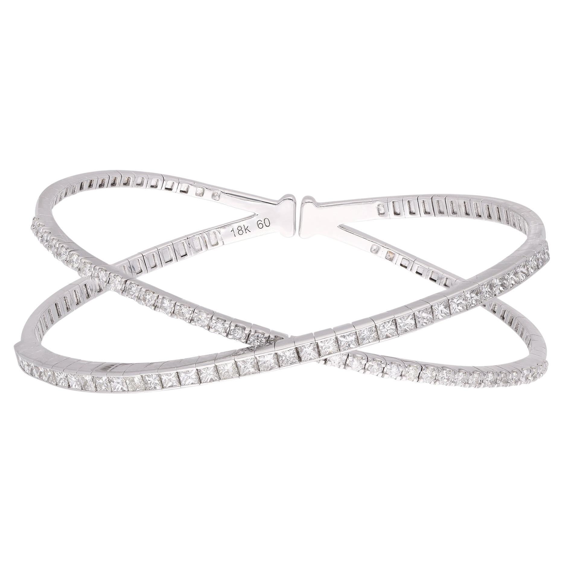 SI/HI Princess Round Diamond Criss Cross Bangle Bracelet 14 Karat White Gold For Sale