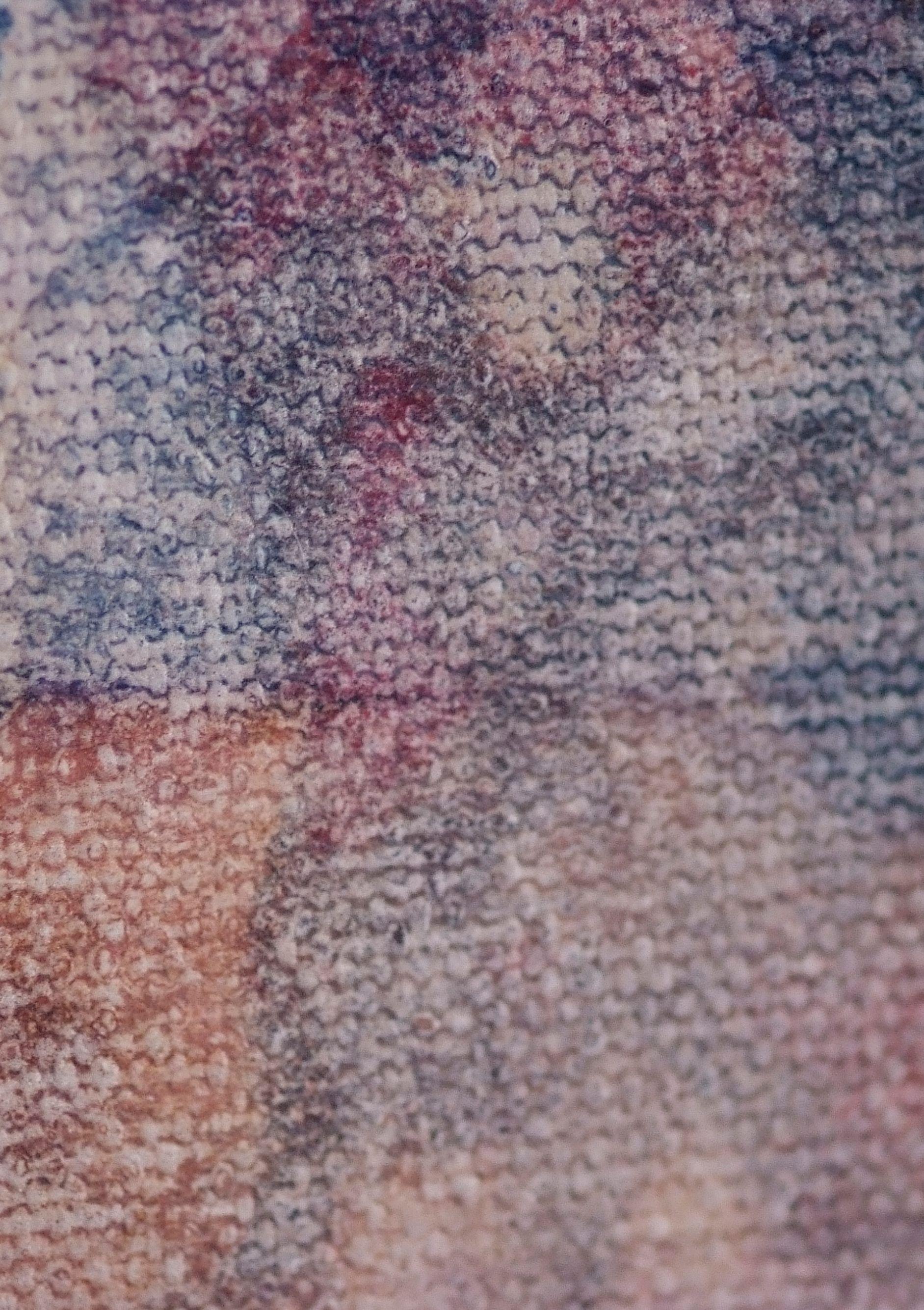 El elegante lienzo de gran gramaje se trata con varias capas de barniz y se pinta a mano con tinta cromada metálica antes y después de la impresión. Envejecido mediante lijado para crear metáforas visuales. La obra de arte plana mide 44X62â€.