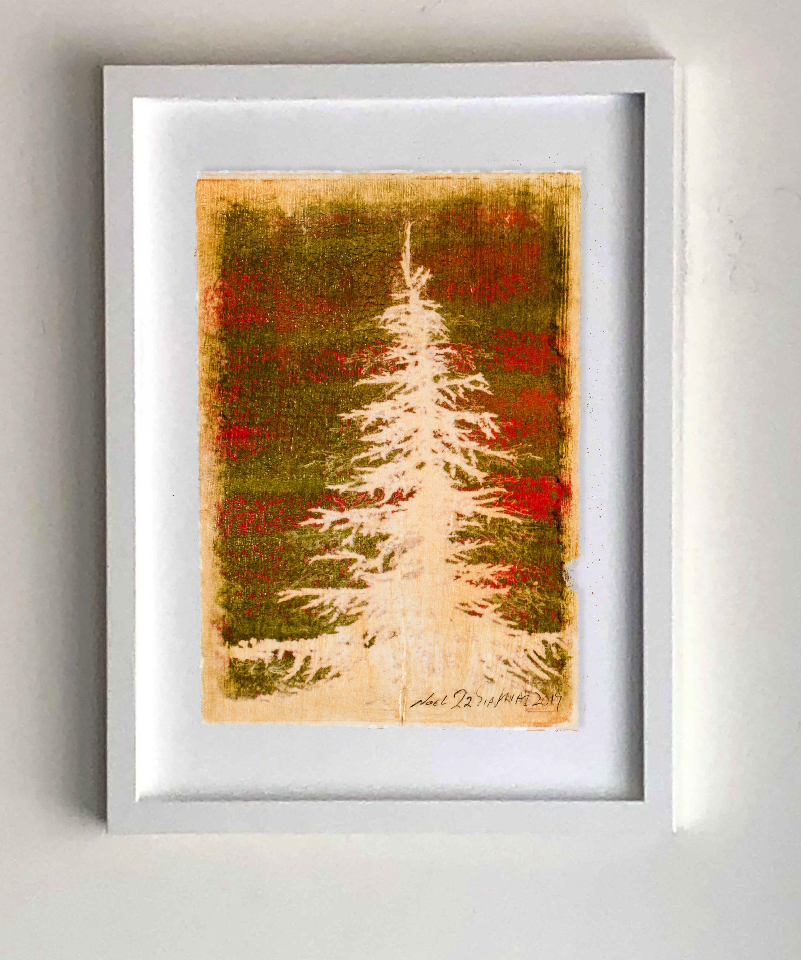 Noel 23 One of kind mixed media Christmas tree, Mixed Media on Paper - Modern Mixed Media Art by Sia Aryai