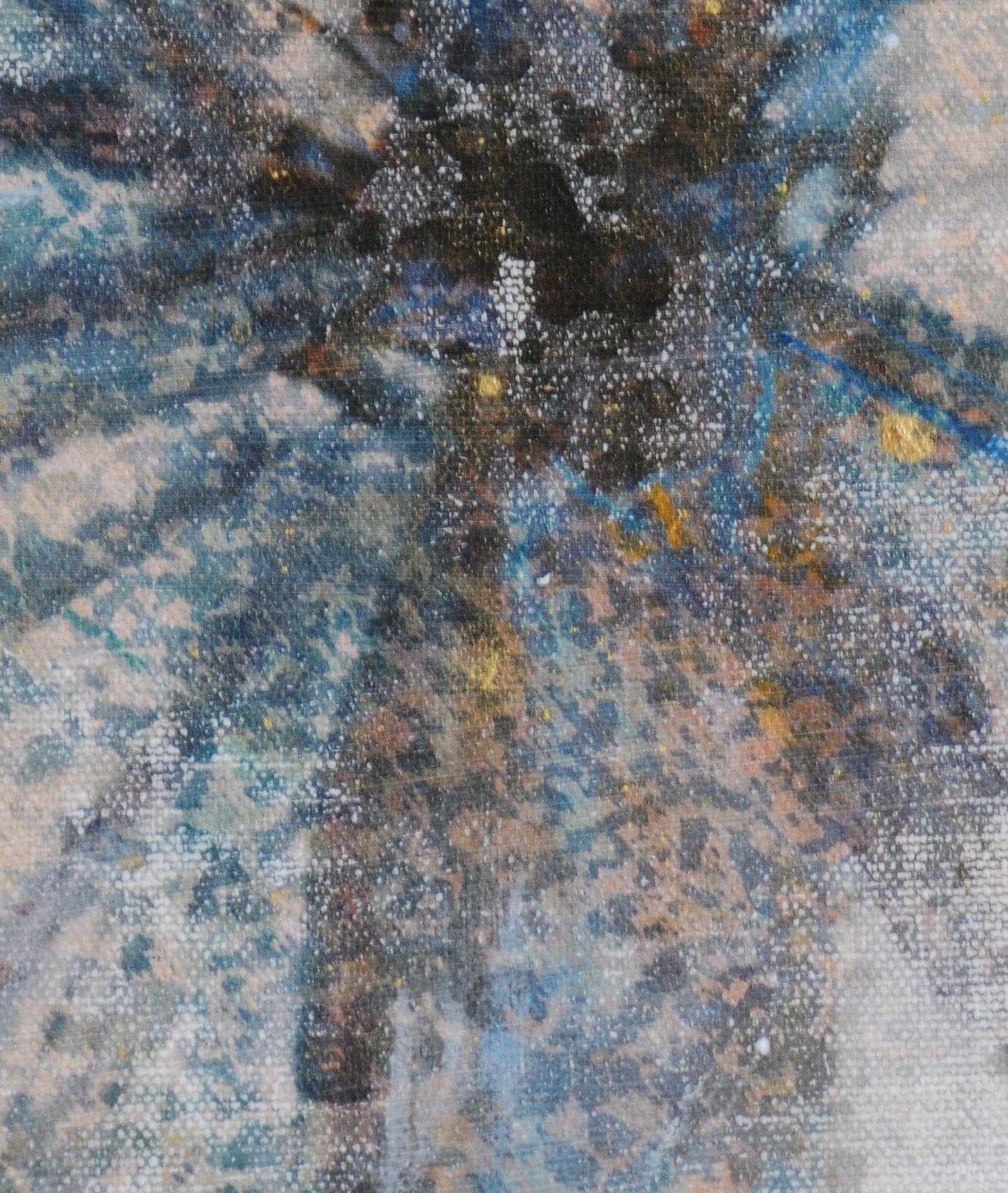     Elegant, heavyweight canvas is treated with multiple layers of varnish, hand painted with metallic chrome ink before and after printing. Aged by sanding to create visual metaphors. artwork size 32X32â€