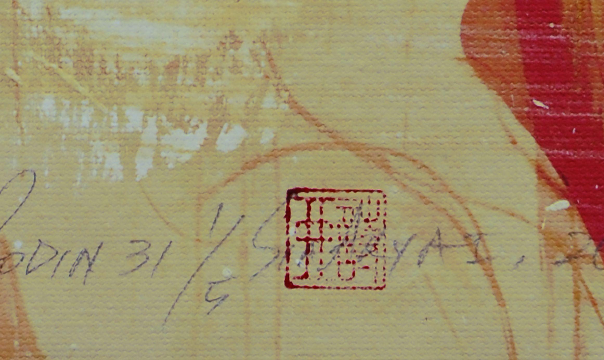 Particolarmente incuriosito da  I disegni di Rodin,    Elegante, pesante  la tela viene trattata   con strati multipli di vernice, dipinti a mano con   inchiostro oro metallizzato prima e dopo la stampa.   Invecchiato con la carteggiatura per creare