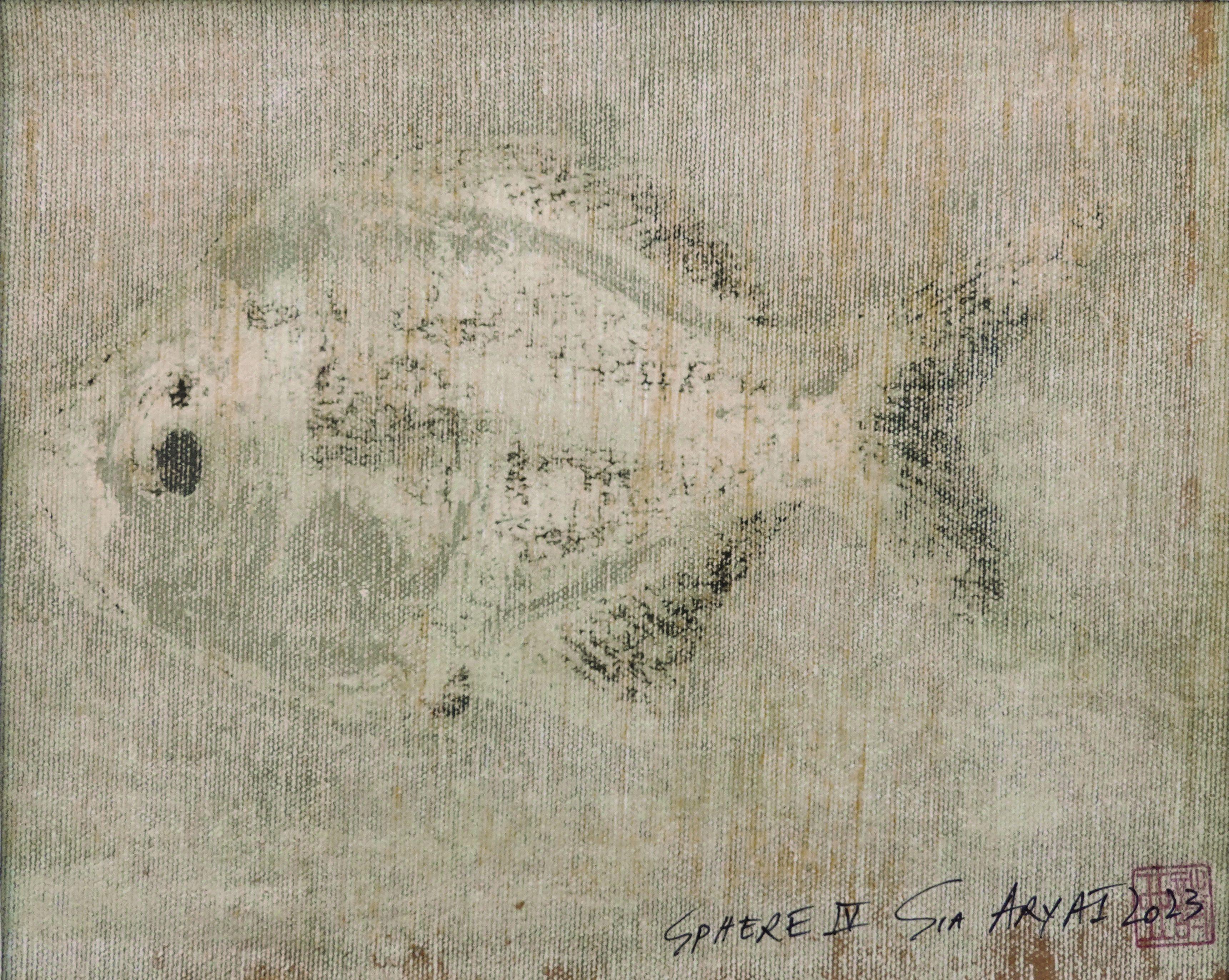 Sphäre. IV Einzigartiger gerahmter handgemalter Fisch, Mixed Media auf Leinwand – Mixed Media Art von Sia Aryai