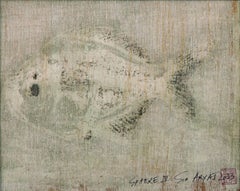 Sphère. IV poisson encadré unique en son genre peint à la main, supports mélangés sur toile