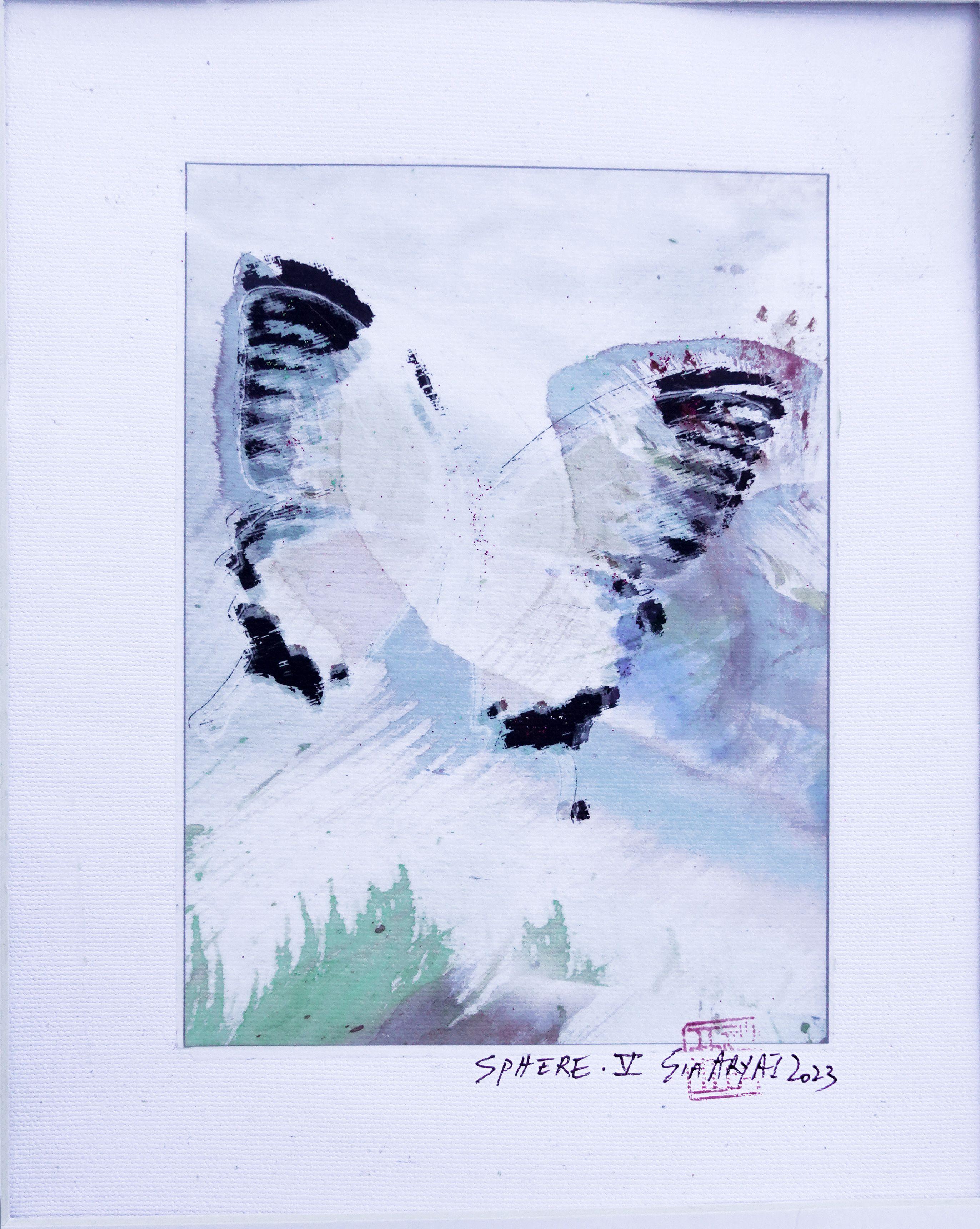 Sphäre. V  Gerahmter handgemalter Schmetterling, Mixed Media auf Leinwand – Mixed Media Art von Sia Aryai