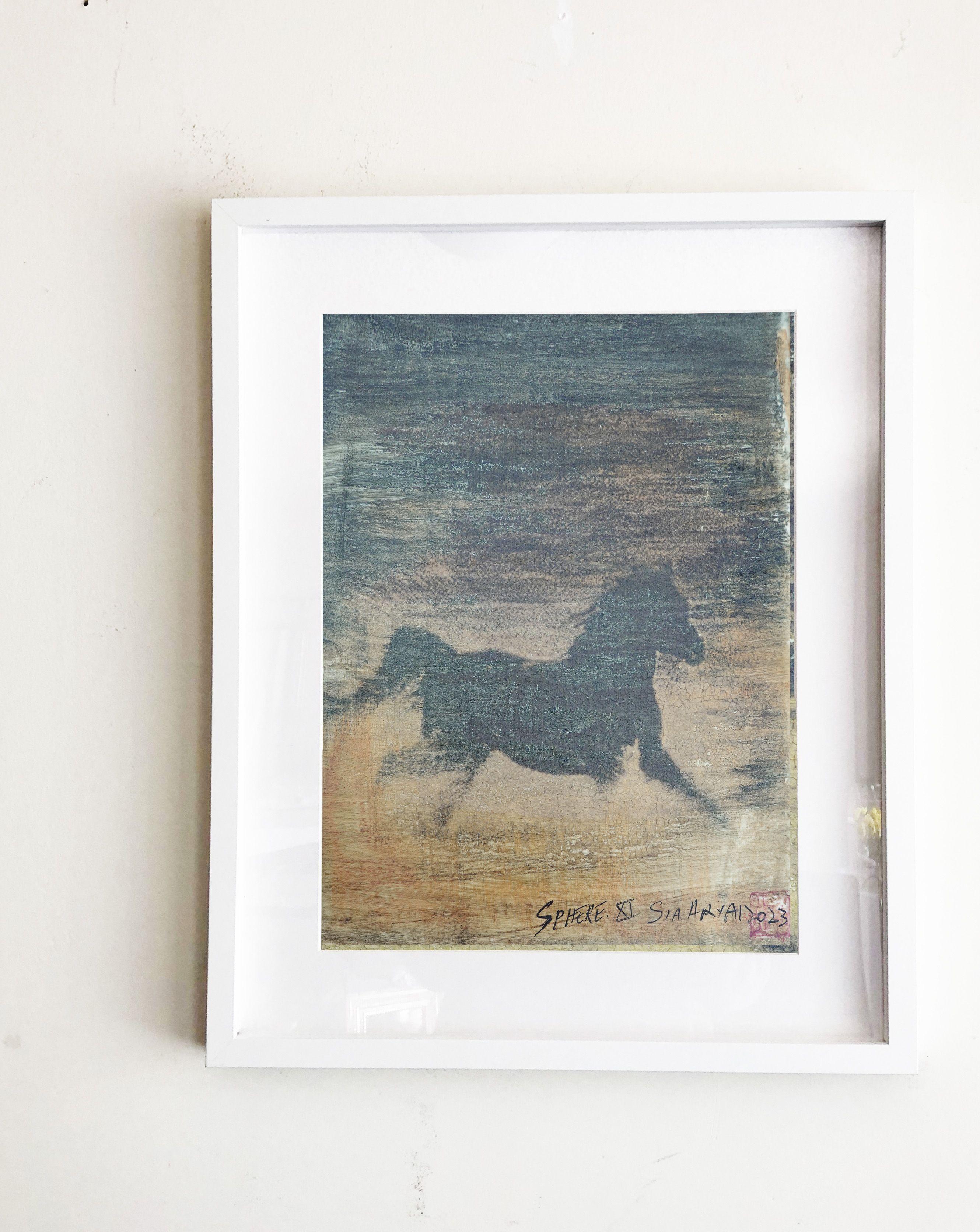 Sphere. XI Framed hand-painted gold stallion, Mixed Media on Paper - Surrealist Mixed Media Art by Sia Aryai