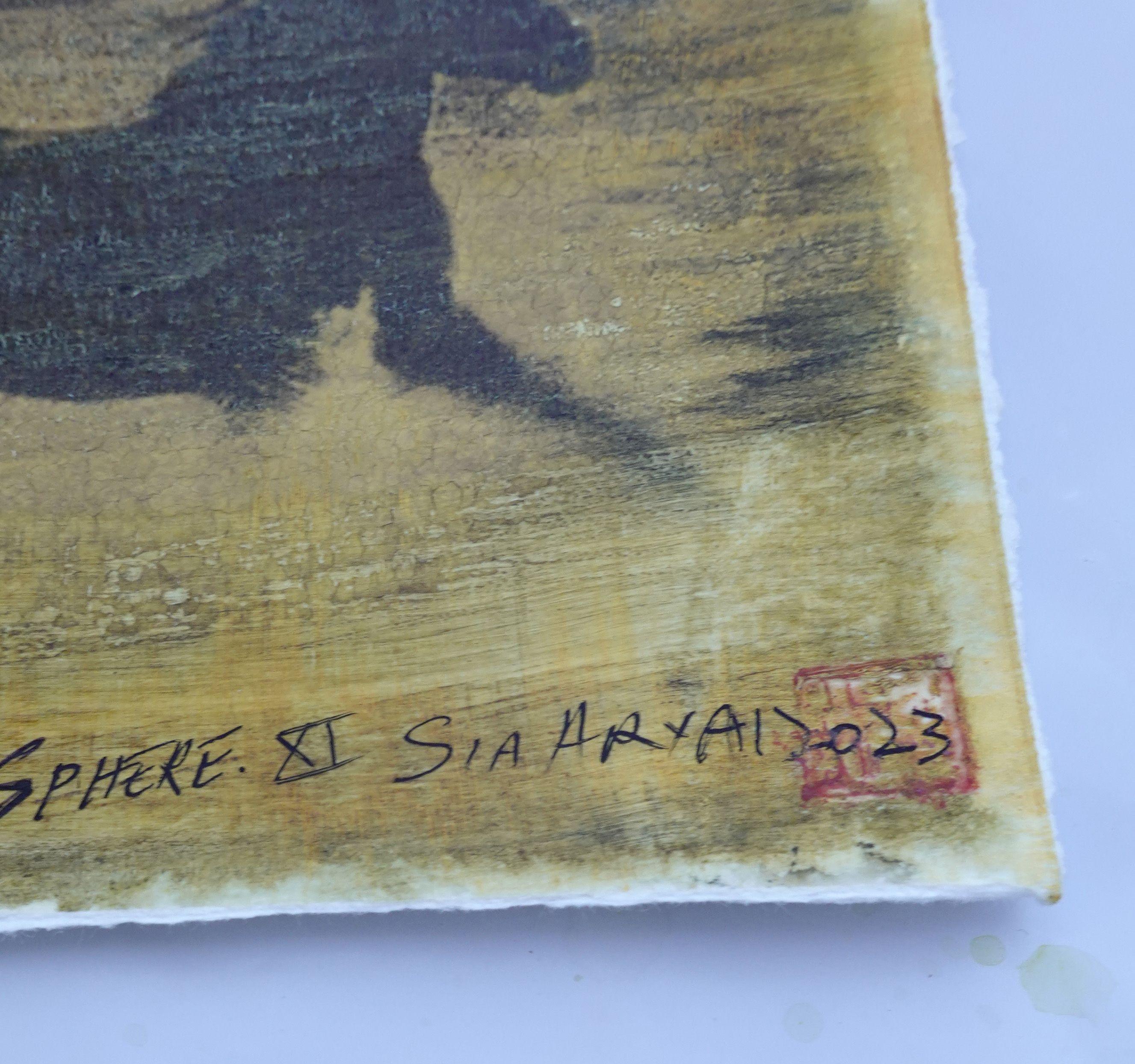 Sphäre. Gerahmter handbemalter stallion aus Gold, Gemälde in Mischtechnik auf Papier im Angebot 1