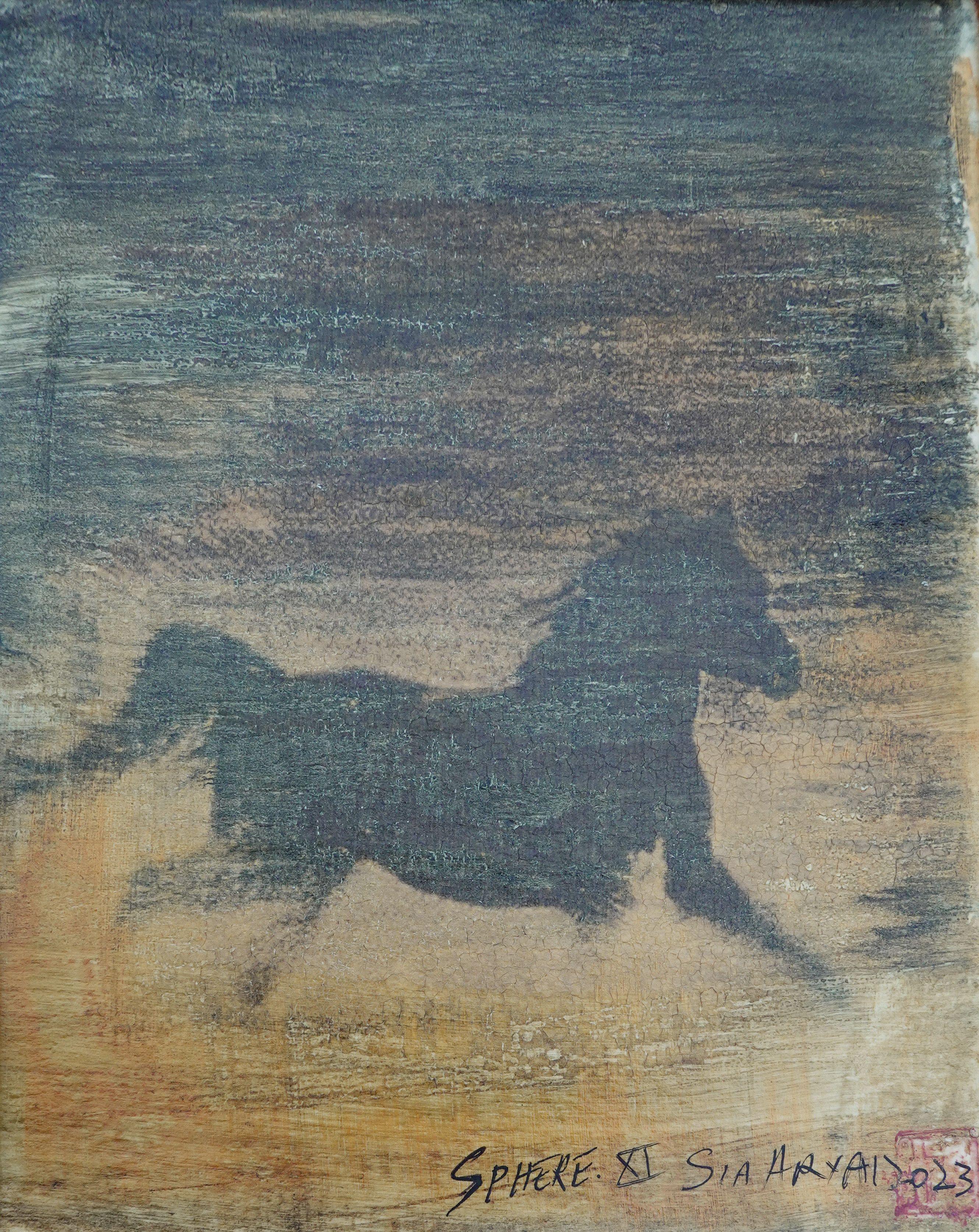 Sphäre. Gerahmter handbemalter stallion aus Gold, Gemälde in Mischtechnik auf Papier – Mixed Media Art von Sia Aryai