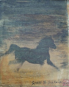 Sphäre. Gerahmter handbemalter stallion aus Gold, Gemälde in Mischtechnik auf Papier